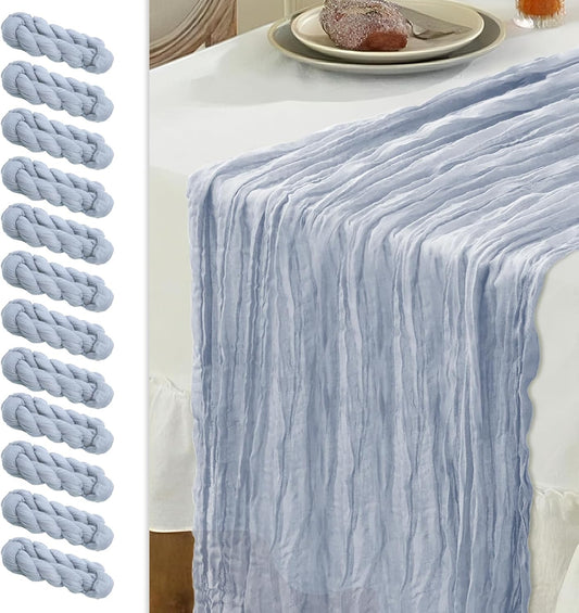 Le courant 12pcs 10Ft Cheesecloth Table Runner, Rustic Boho Gauze Cheese Cloth Runner Table Runner for Weddings Bridal Baby Shower Birthday Holiday Parties Home Decor, Dusty Blue