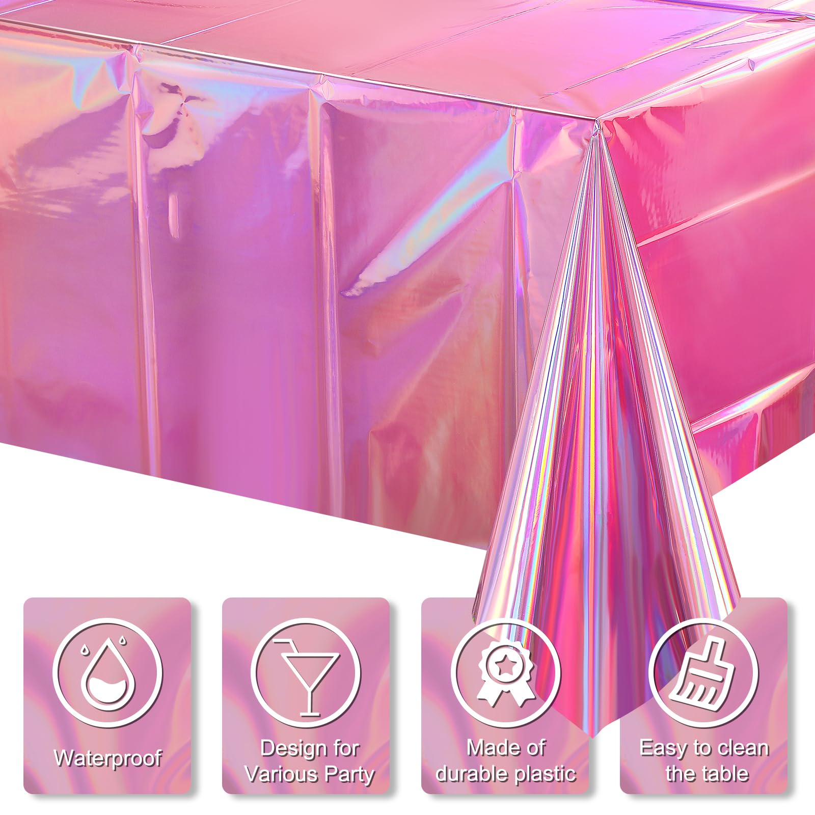 4 Pack Iridescent Pink Plastic Tablecloths, FunnyPars Shiny Disposable Laser Rectangle Table