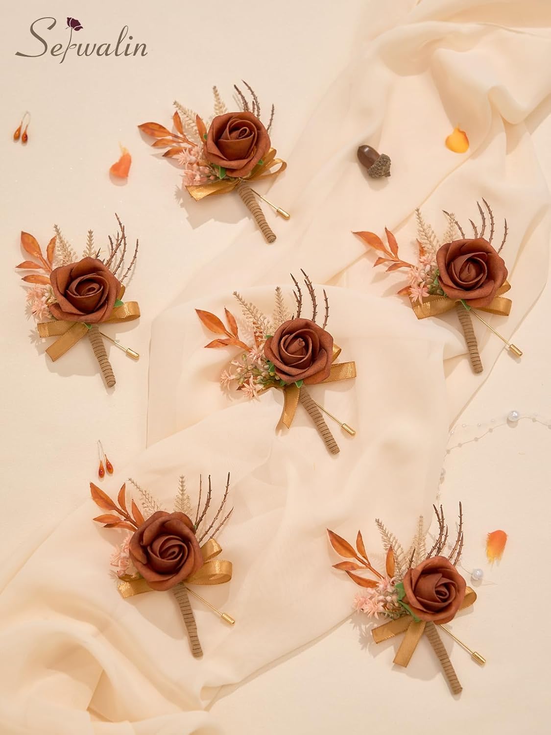 Serwalin 10Pcs Boutonniere for Men, Burnt Orange Groom and Best Man Boutonniere, Artificial Flowers for Wedding Decor, Prom, Homecoming, Ceremony Anniversary, Formal Dinner Party