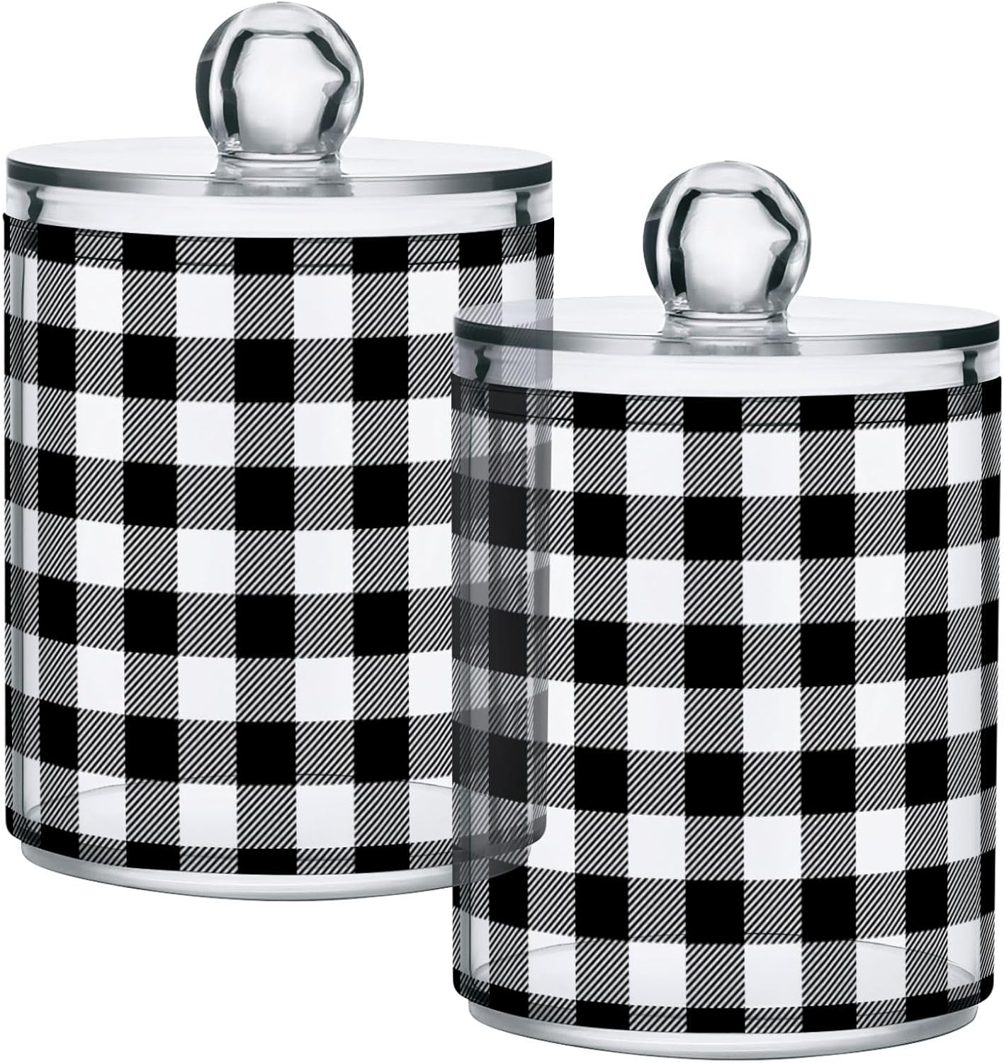 Gredecor Qtip Holder Dispenser 4 Pack Black White Classic Buffalo Plaid Apothecary Jars with Lids Bathroom Vanity Countertop Canister Storage Organizer for Cotton Ball,Swabs,Pads,Floss