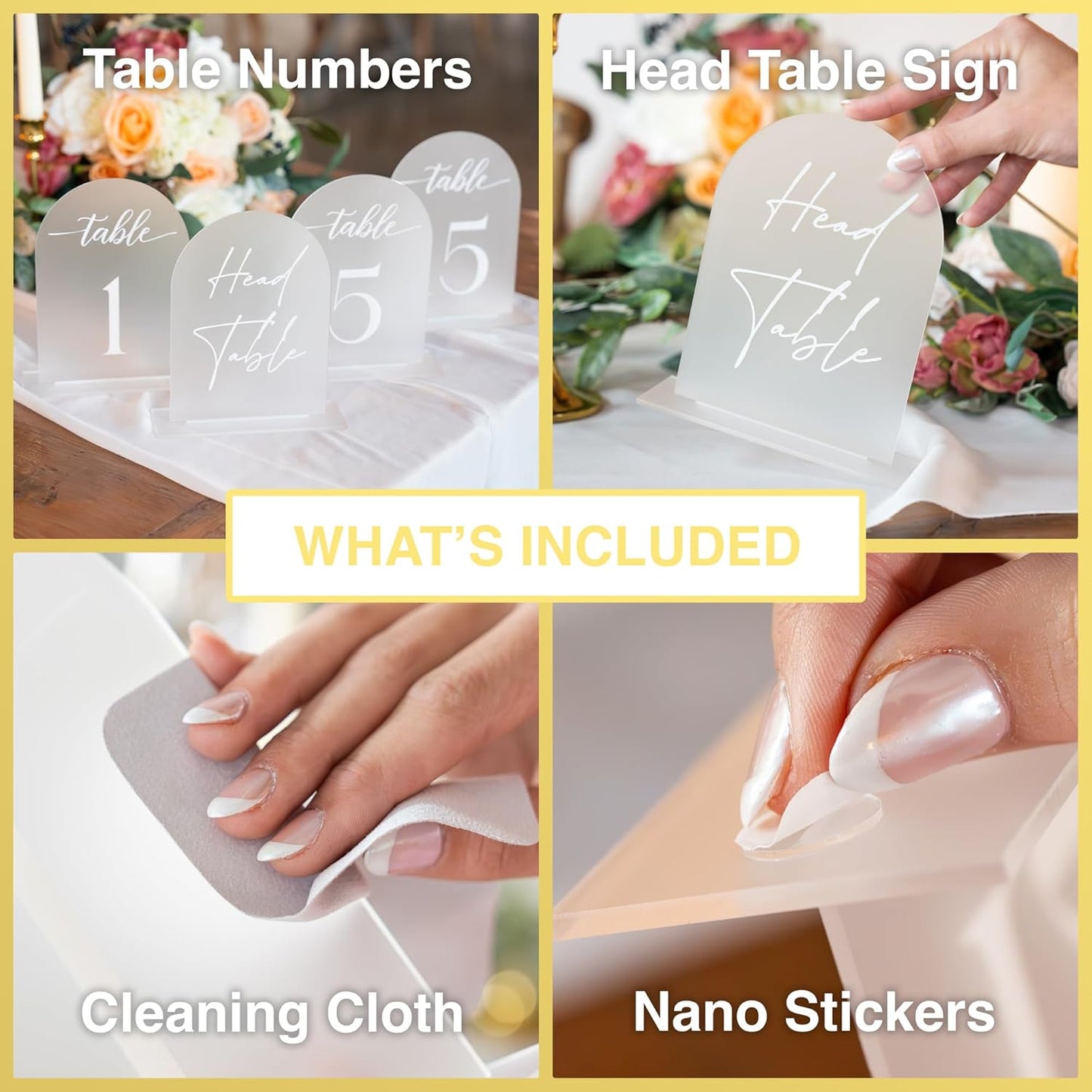 Frosted Arch Acrylic Table Numbers for Wedding Reception - 5" x 7" White Font Centerpiece Set with Holder Stands & Head Table Sign - Anniversary, Event, Party, Wedding set1-10