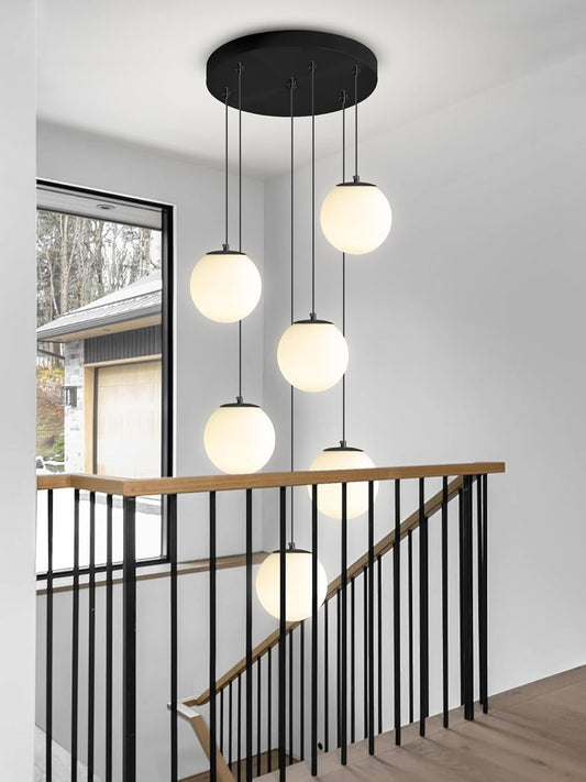 H 87in Globe Pendant Light 6-Lights Modern Hanging Chandelier for Kitchen Island Black Globe Chandelier Milk White Glass Pendant Lighting for Living Room Bedroom Entryway