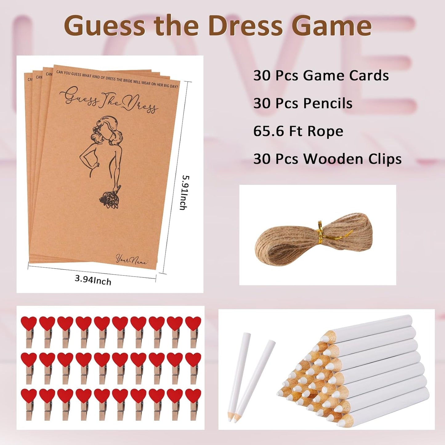 30 Set Bridal Shower Games for guests, Guess the Dress and Ring Wedding Shower Games for Guests with Wooden Put A Ring on It Sign,Red Heart Wooden Clip Wedding Party Supplies Games Ideas