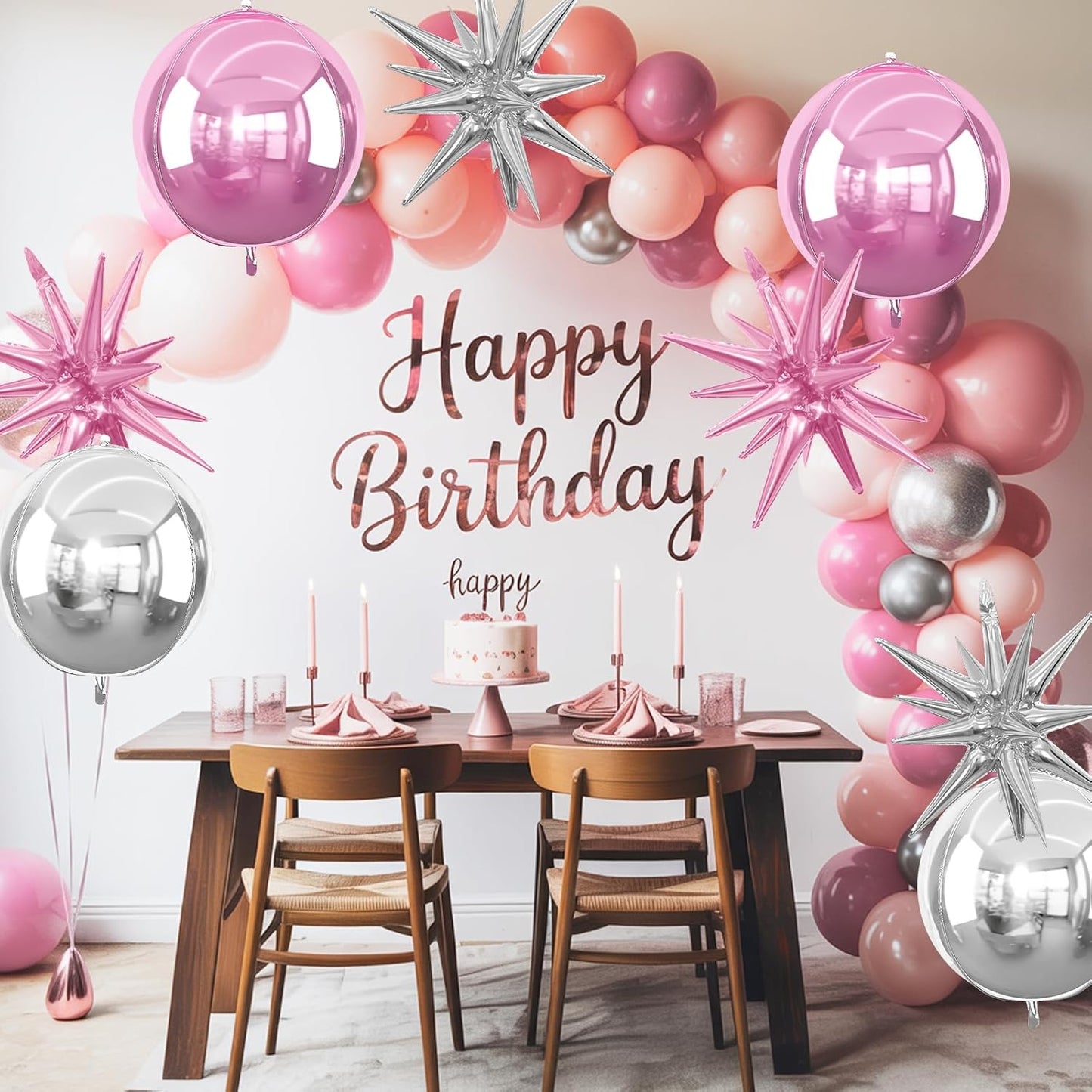 6Pcs Pink Silver Foil Balloons,22Inch Light Pink Silver 4D Round Ball Balloon and Explosion Star Balloon for Birthday Wedding Baby Shower Anniversary Decorations