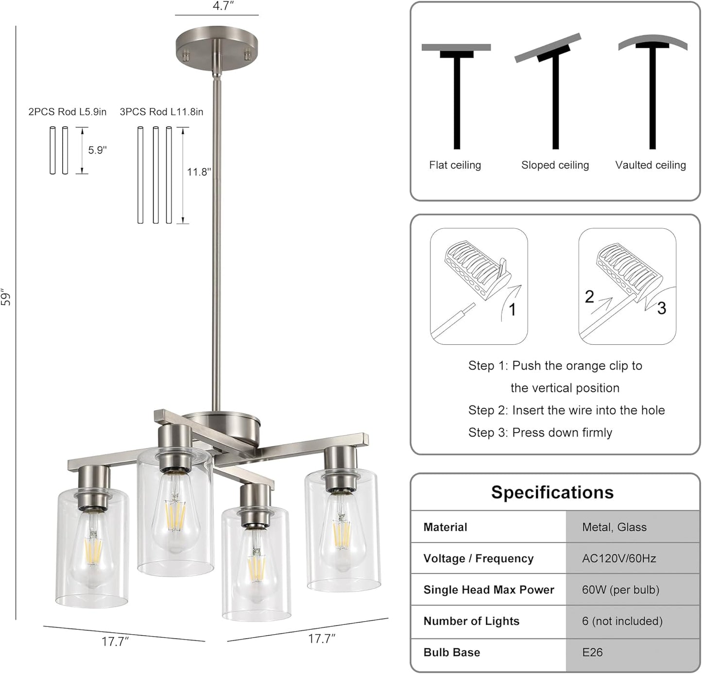 4-Light Modern Farmhouse Brushed Nickel Chandelier, Dining Room Light Fixture Over Table Adjustable Height Hanging Industrial Pendant Lights Kitchen Island, Clear Glass Shade