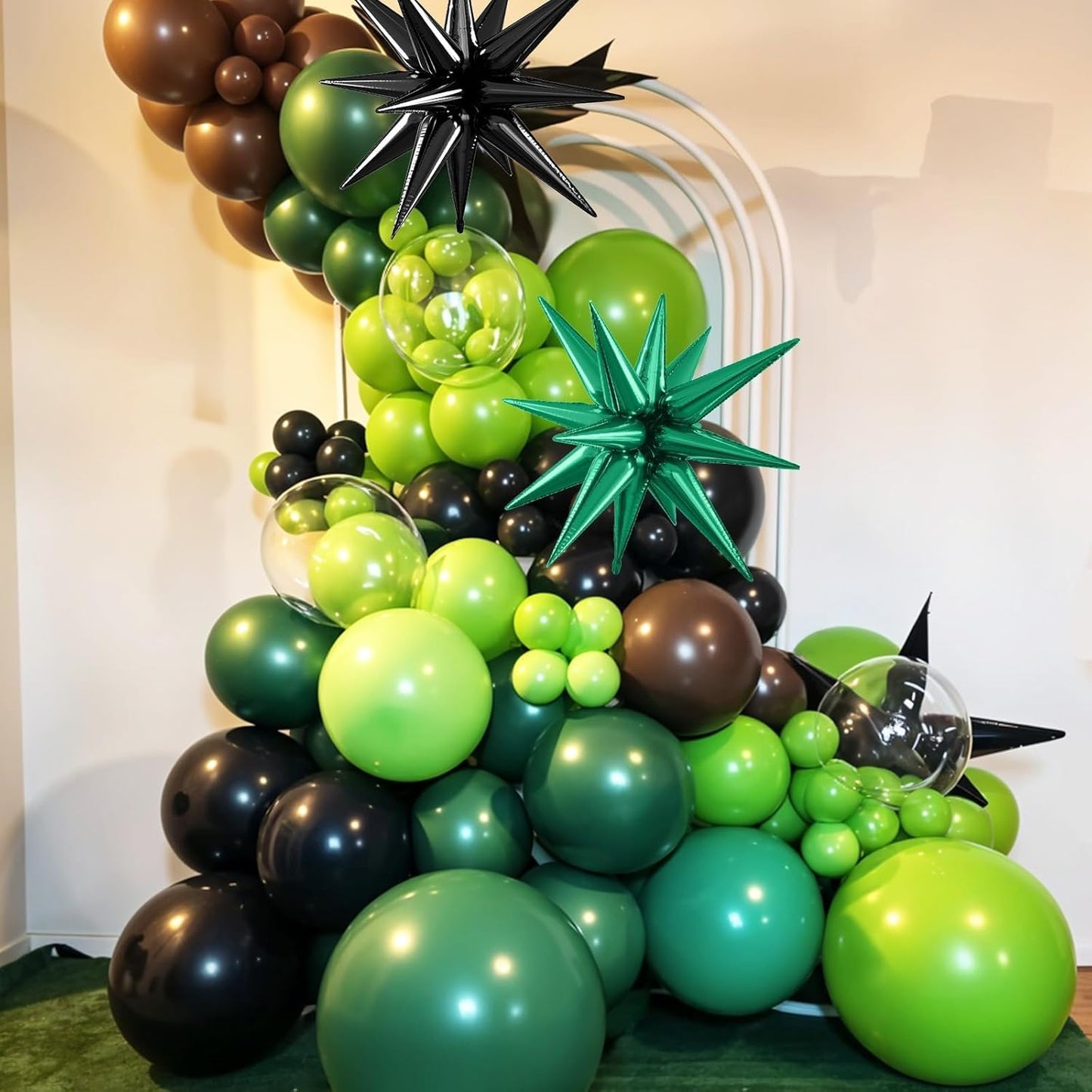 Green and Brown Balloons, 12 Inch Dark Green Black Metallic Green Gold Balloon with Star Foil Balloon for Boys Camping Jungle Safari Theme Birthday Baby Shower Party Decorations