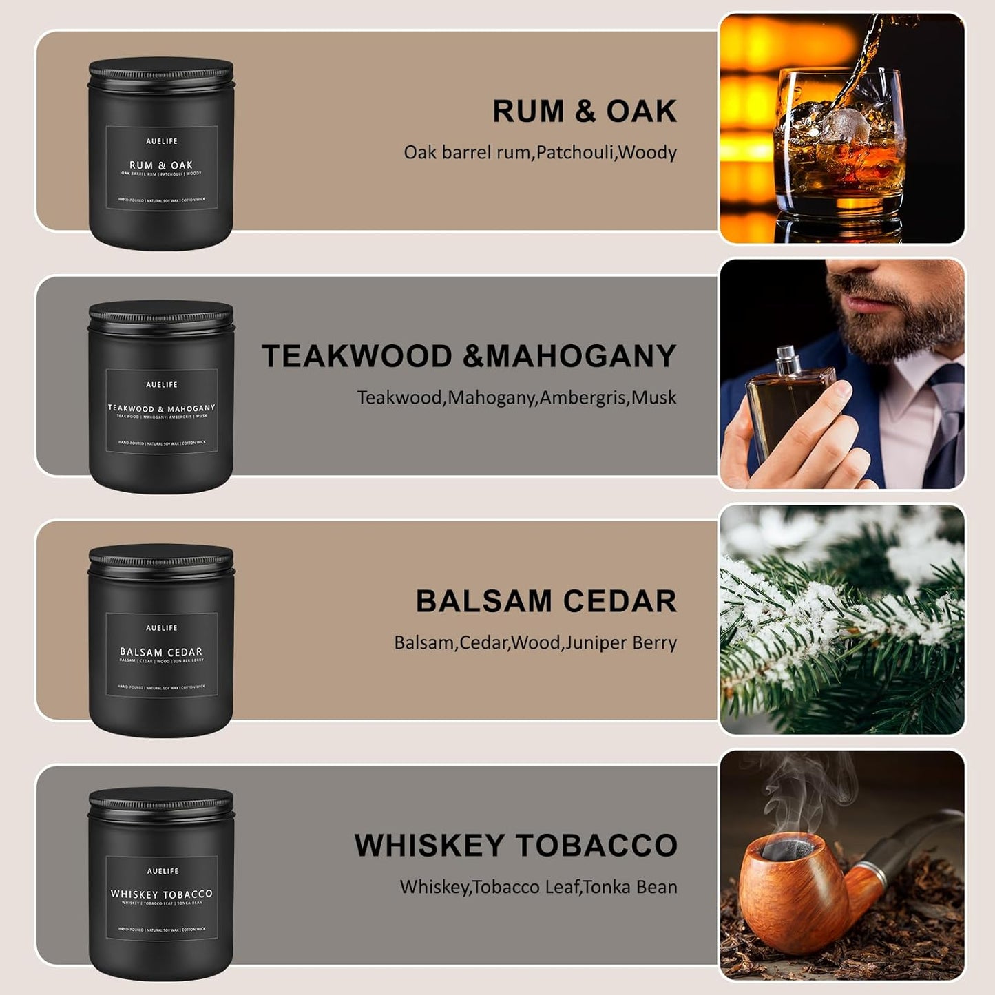 Scented Candles Set | Candle Gifts for Men - Masculine Candle, Soy Candles for Home Scented - 4 Pack Aromatherapy Gift for Dad Fathers Day- Scent of Teakwood & Mahogany/Whiskey Tobacco/Rum & Oak/Cedar