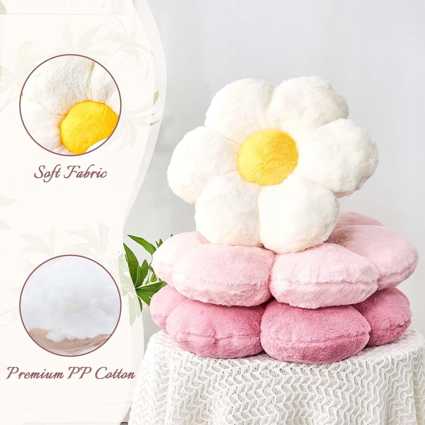 Pink Flower Pillow, Cute Decorative Flower Shaped Throw Pillow with Faux Rabbit Fur, 14.9" Soft Flower Plush Throw Pillow Floor Pillows Room Décor for Bedroom Living Room