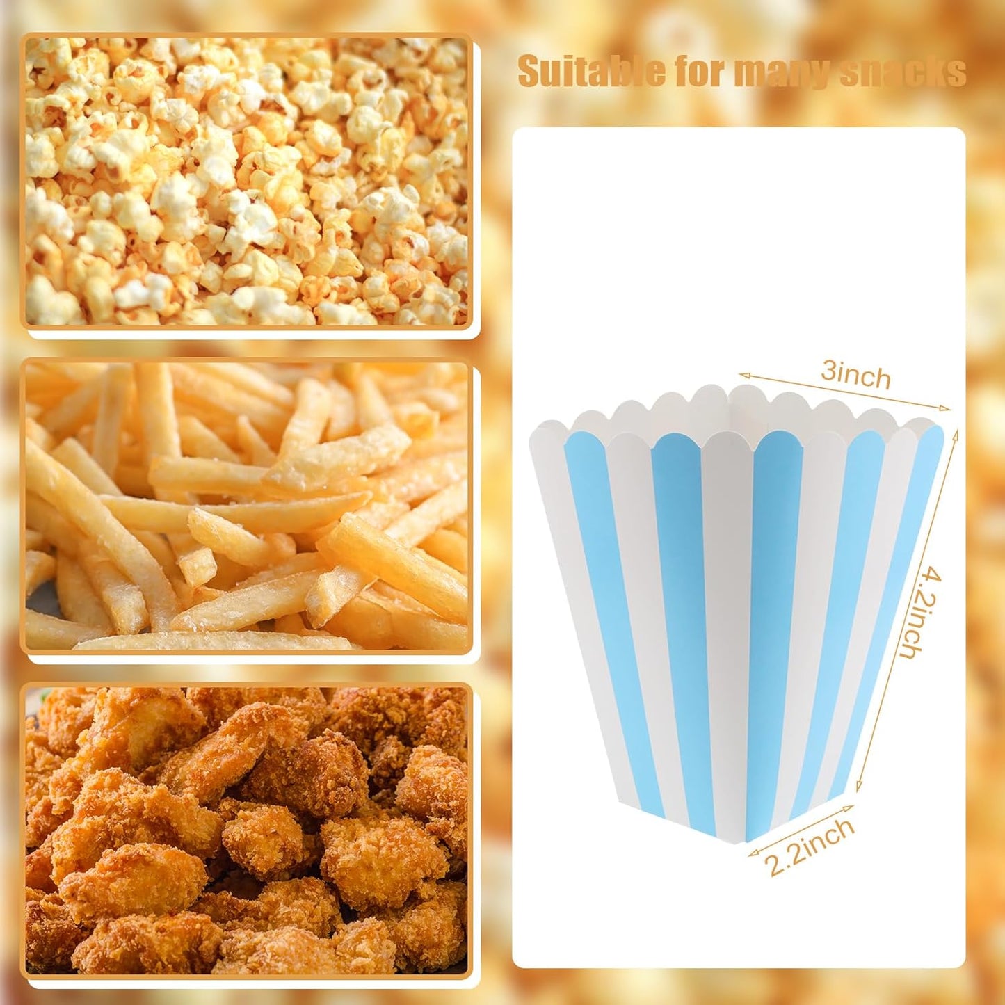 50 Pcs Popcorn Boxes Mini Paper Popcorn Box Cardboard Popcorn Container for Party Disposable Snack Candy Popcorn Bags Popcorn Holder for Movie Nights Birthday Wedding (Light blue,White)