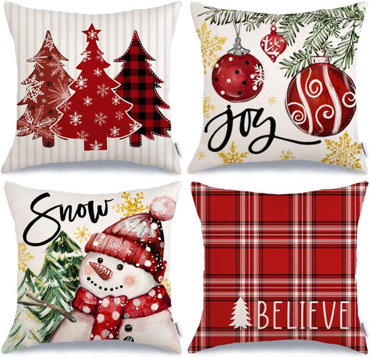 GEEORY Winter Christmas Throw Pillow Covers 18 x 18 Inch Set of 4, Xmas Trees Snowflake Snowman Joy Holiday Farmhouse Decorative Cushion Cases for Home Decoration G583-18