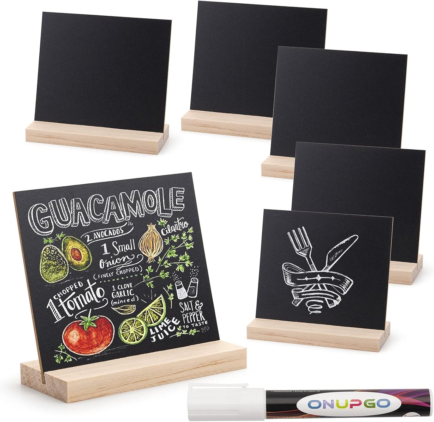 ONUPGO Chalkboard Signs with Wood Base Stands, 10X12cm Vintage Wooden Tabletop Decorative Chalkboard Sign, Message Chalkboard Sign for Party, Restaurant, Wedding, Set of 6