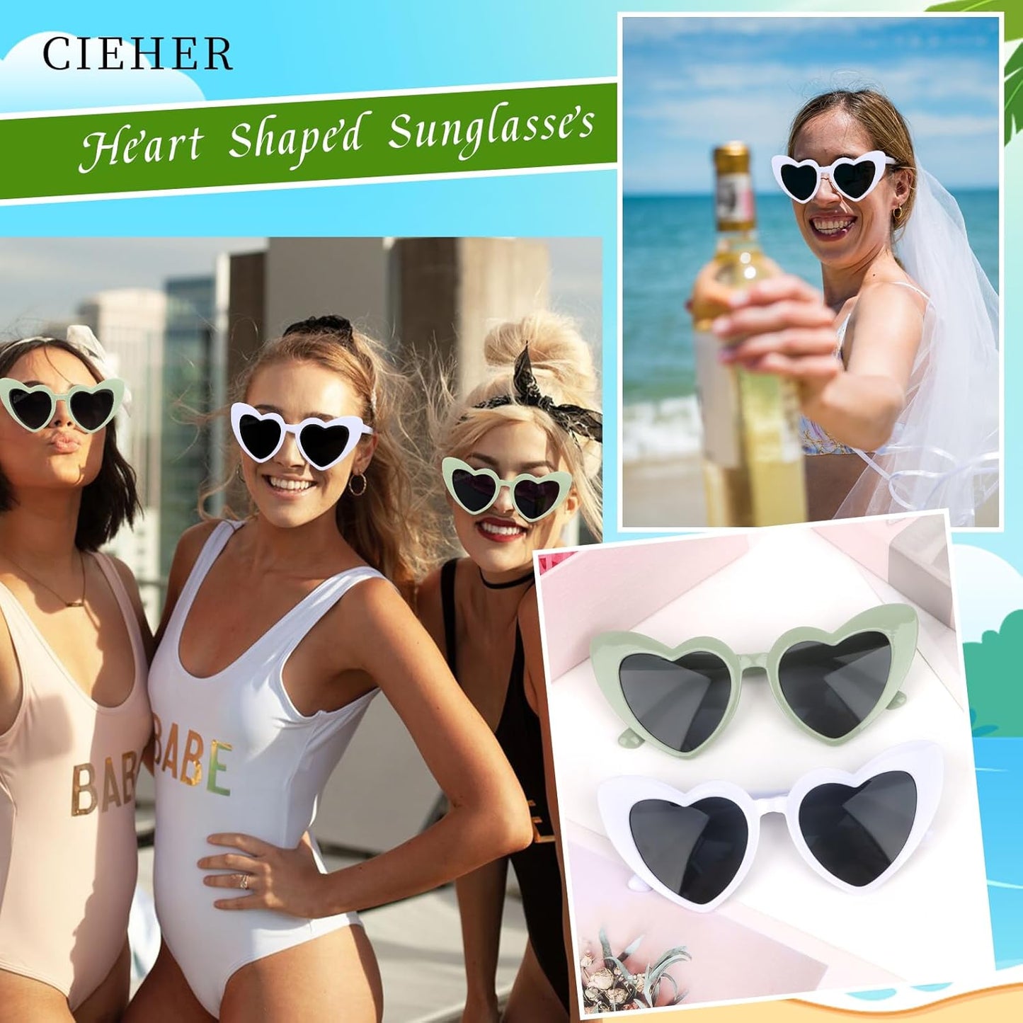 CIEHER Bachelorette Party Favors - White Black Heart Sunglasses for Bride Bridesmaid