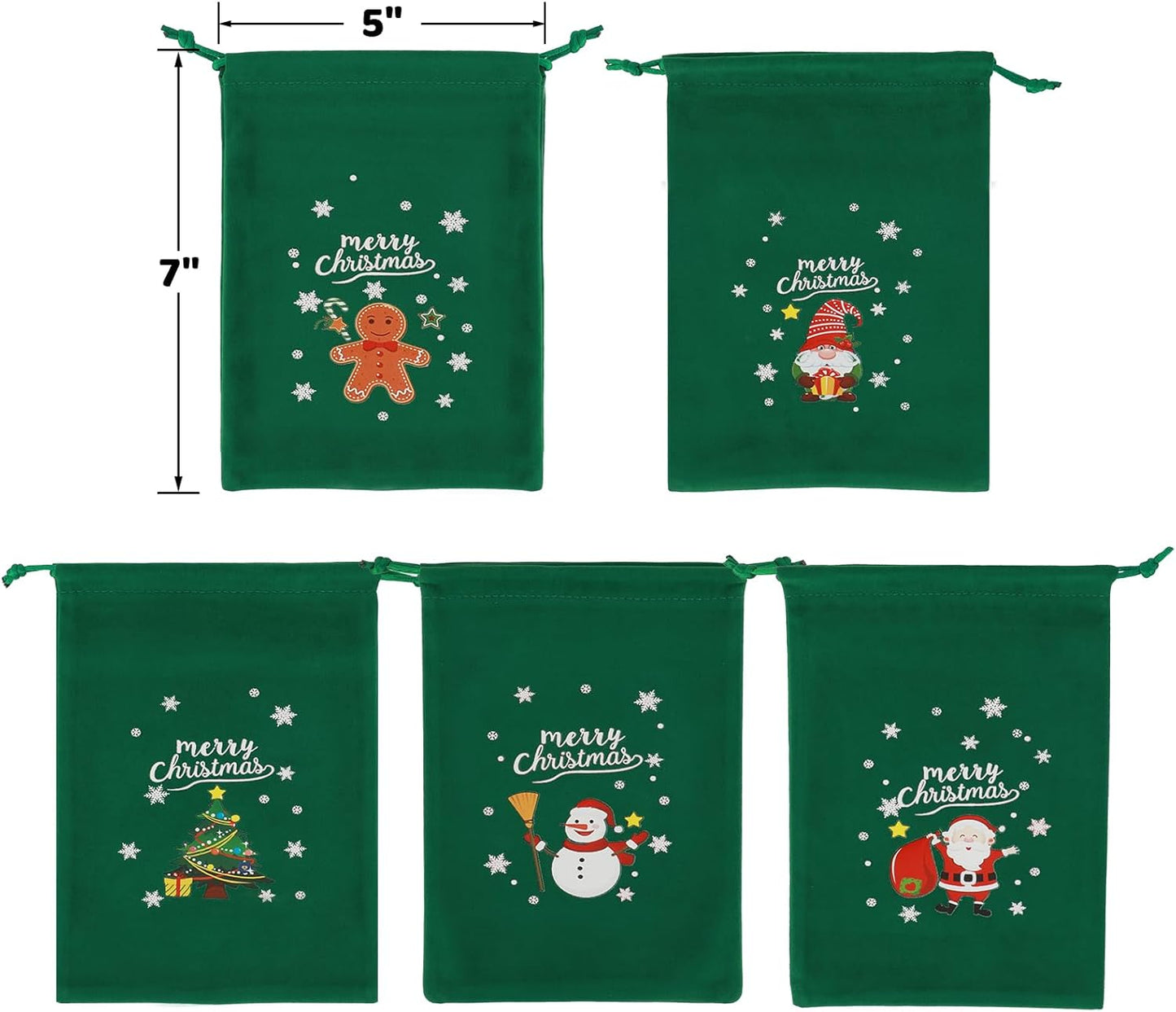 Tapleap Coth Christmas Bags with Drawstring - 50Pcs 5x7 Green Velvet for Wrapping Christmas Party Favors or Gifts for Friends, Children, Coworkers, Small Bussiness Products