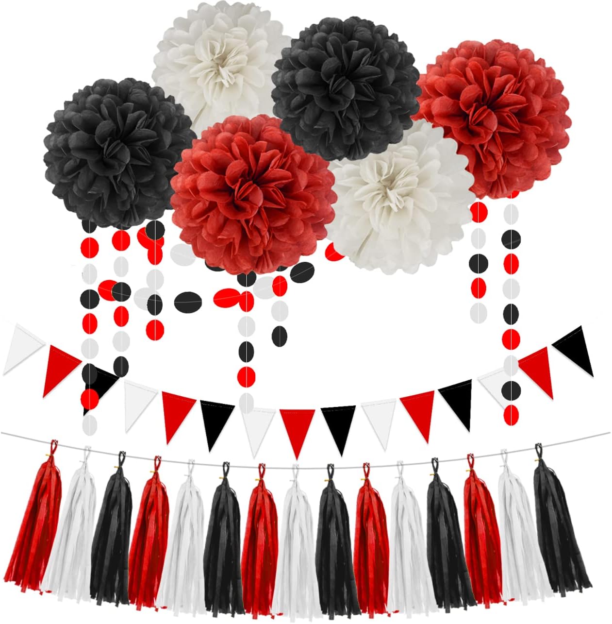 White Red Black Party Decorations - 23pcs Tissue Paper Flowers Pom Poms Tassel Garland Pennant Banner Flags Streamers Birthday Wedding Graduation Bachelorette Classroom Office Hanging Decor