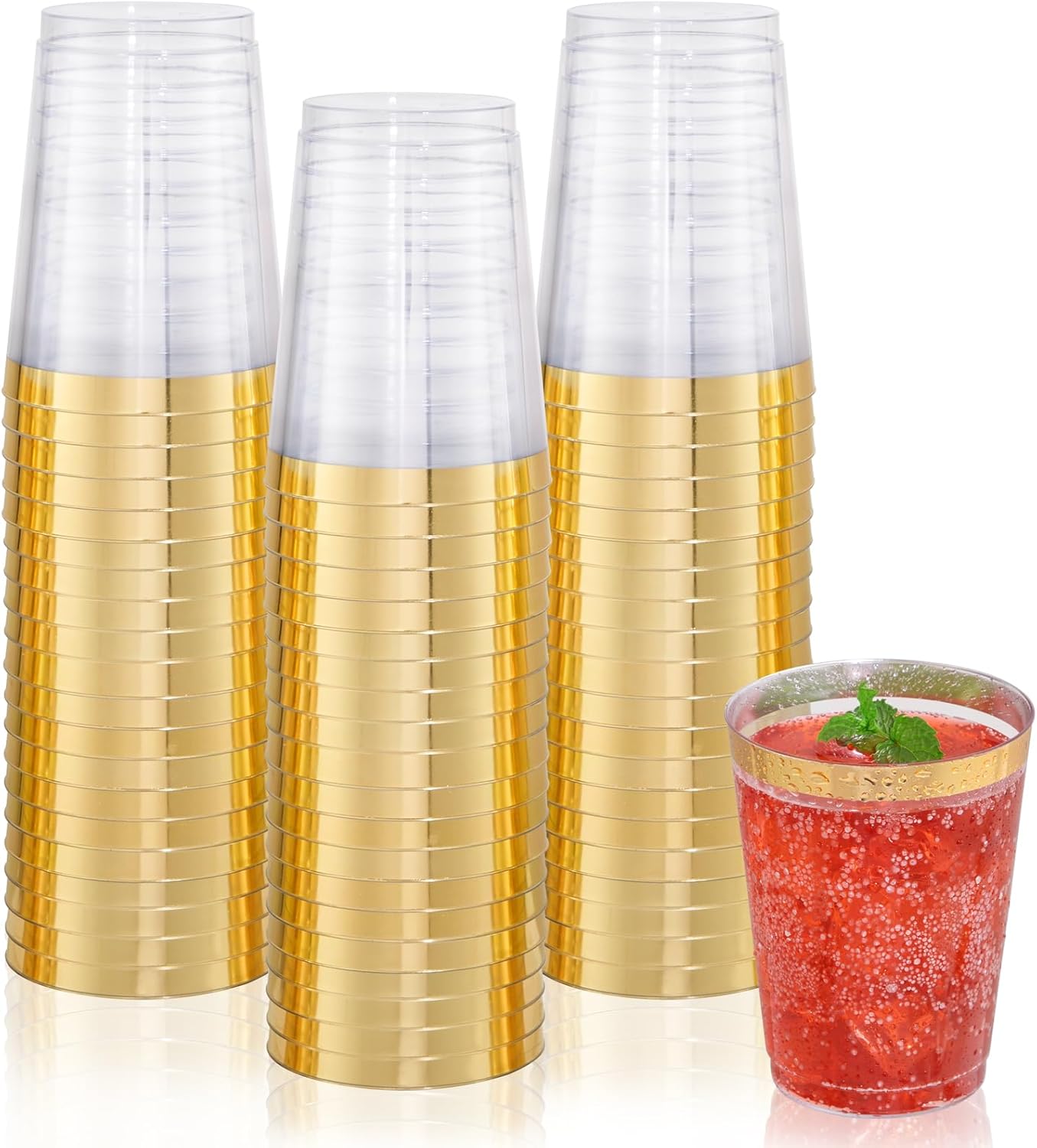 DaYammi 200 Pack Gold Plastic Cups 10 Oz Clear Plastic Cups Gold Rimmed Disposable Wine Glasses Heavy Duty Disposable Tumblers Drinking Cocktail Glasses for Party Wedding