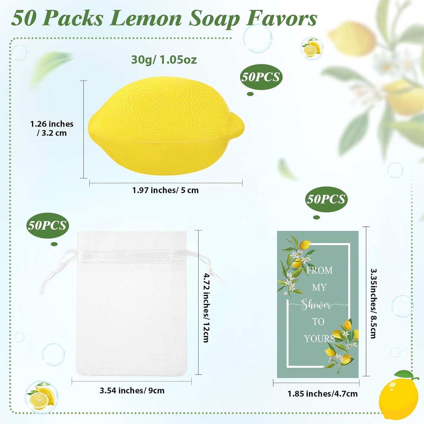 Lounsweer Set of 50 Wedding Lemon Soap Favors Mini Bridal Shower Favors Natural Lemon Shaped Soap Bar with from My Shower to Yours Cards and White Organza Bags for Party Baby Shower Decorations