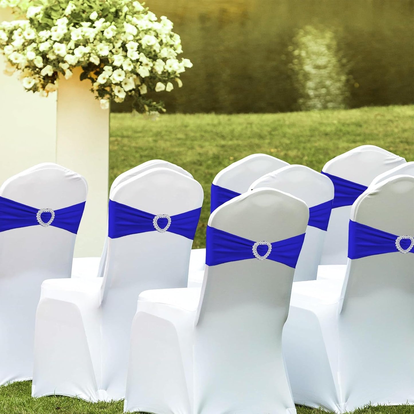 100PCS Spandex Stretch Royal Blue Chair Sashes Bows Universal Elastic Chair Cover Bands Ties with Buckle Slider for Wedding Party Ceremony Reception Event Banquet Decoration(Royal Blue)