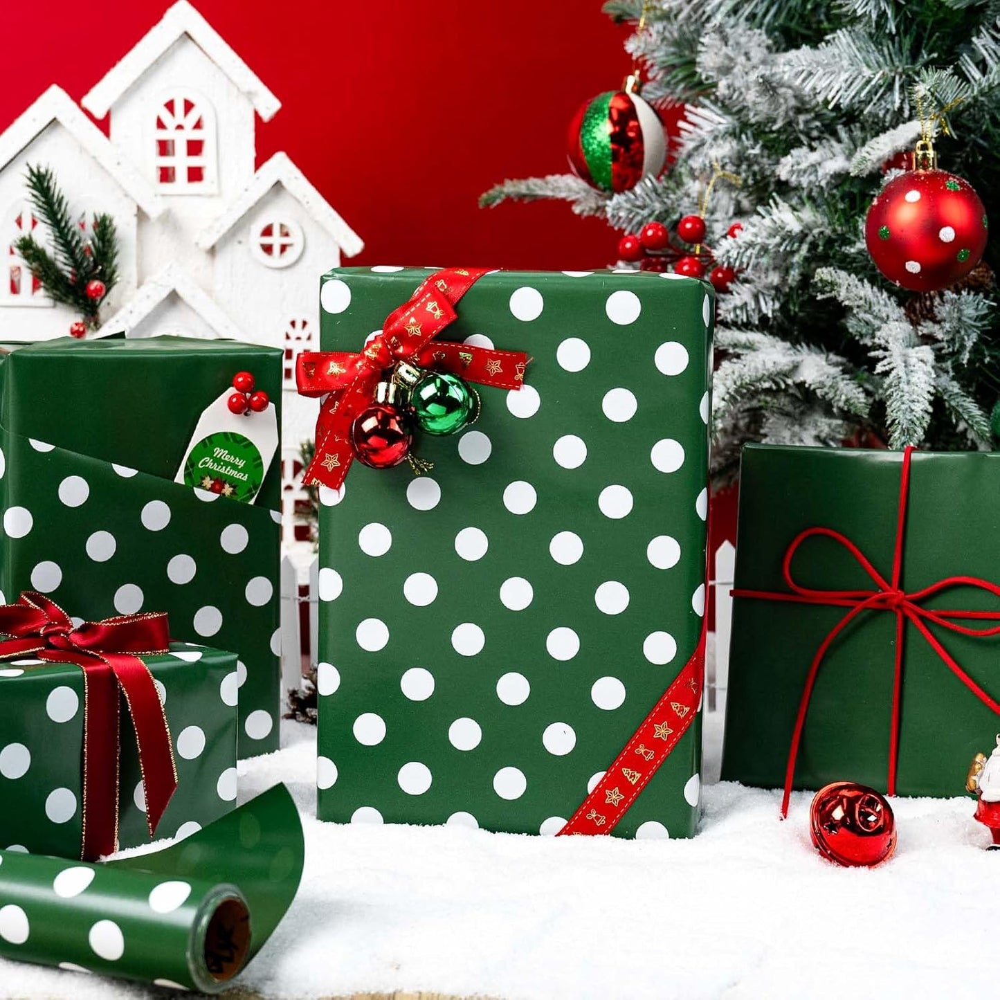 Burymento Green and White Dots Wrapping Paper, Reversible Pink Gift Wrap for Birthday, Valentines, Mothers day, Graduation, Wedding, Fathers day, Baby Shower, Christmas (17in x 32.8ft)