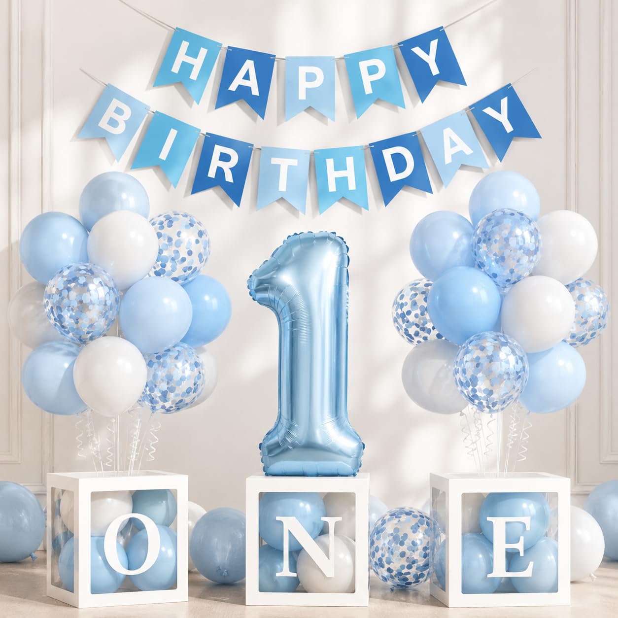 Yumiche First Birthday Decorations For Boy-40 Inch Blue 1 Number, Baby Blue White Balloons, Happy