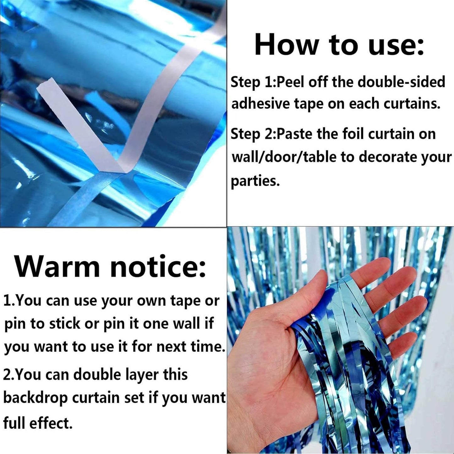 4 Pack Light Blue Foil Fringe Curtain Backdrop, 3.3Ft x 9.8Ft Metallic Tinsel Foil Fringe Streamers Curtains for Photo Booth, Wedding, Thanksgiving, Birthday, Christmas, Halloween Party Decoration