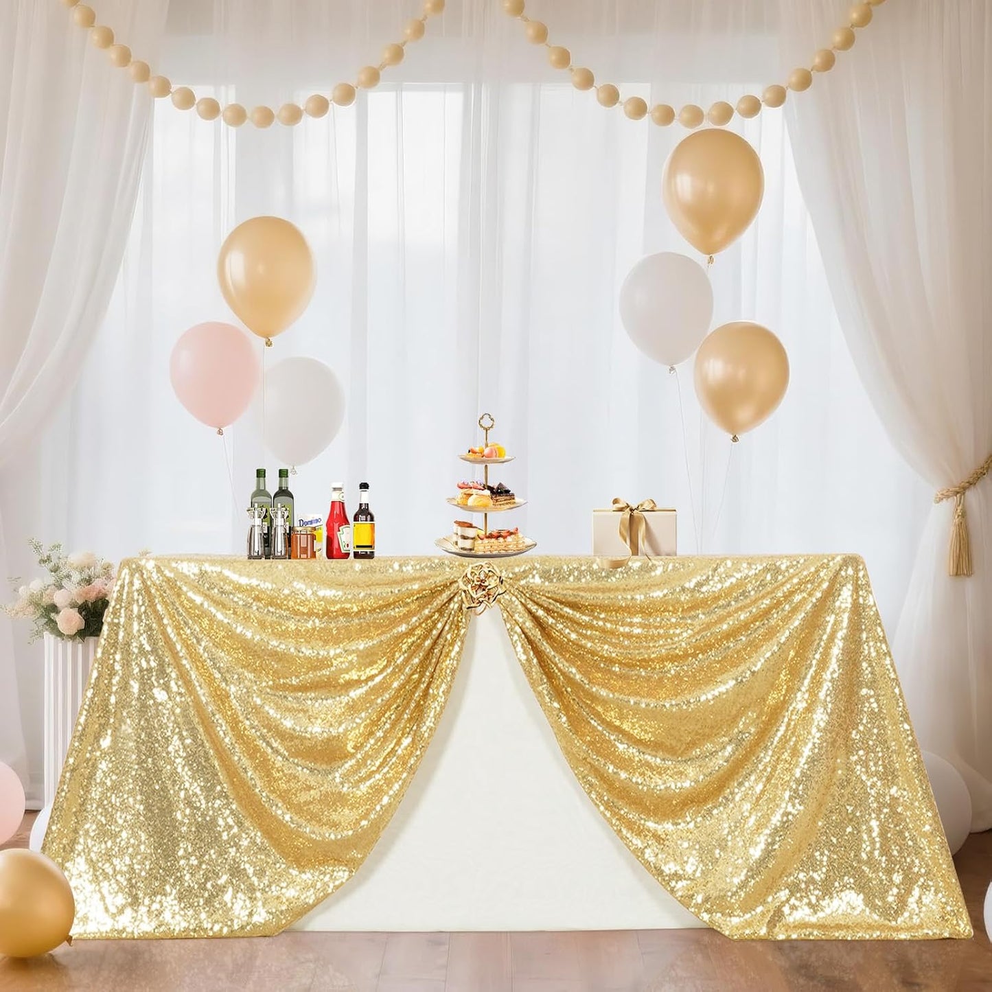 SquarePie Sequin Tablecloth 90 x 132 Inch Light Gold Sparkly Table Cloth for Wedding Party Decoration