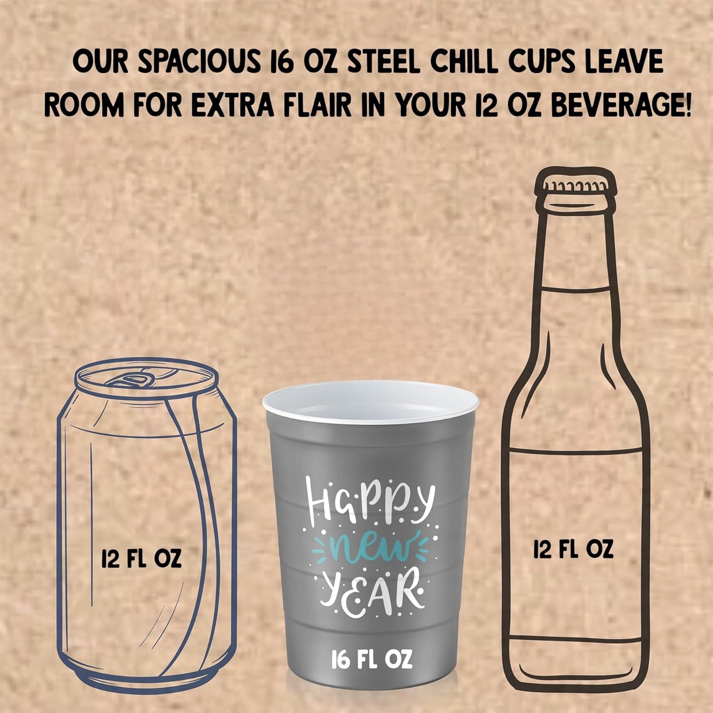 16 oz. Party Cups 'Happy New Year' Champagne Design for Cold Drinks, Durable, Disposable, Recyclable, Made in USA, Gray, 12 Count