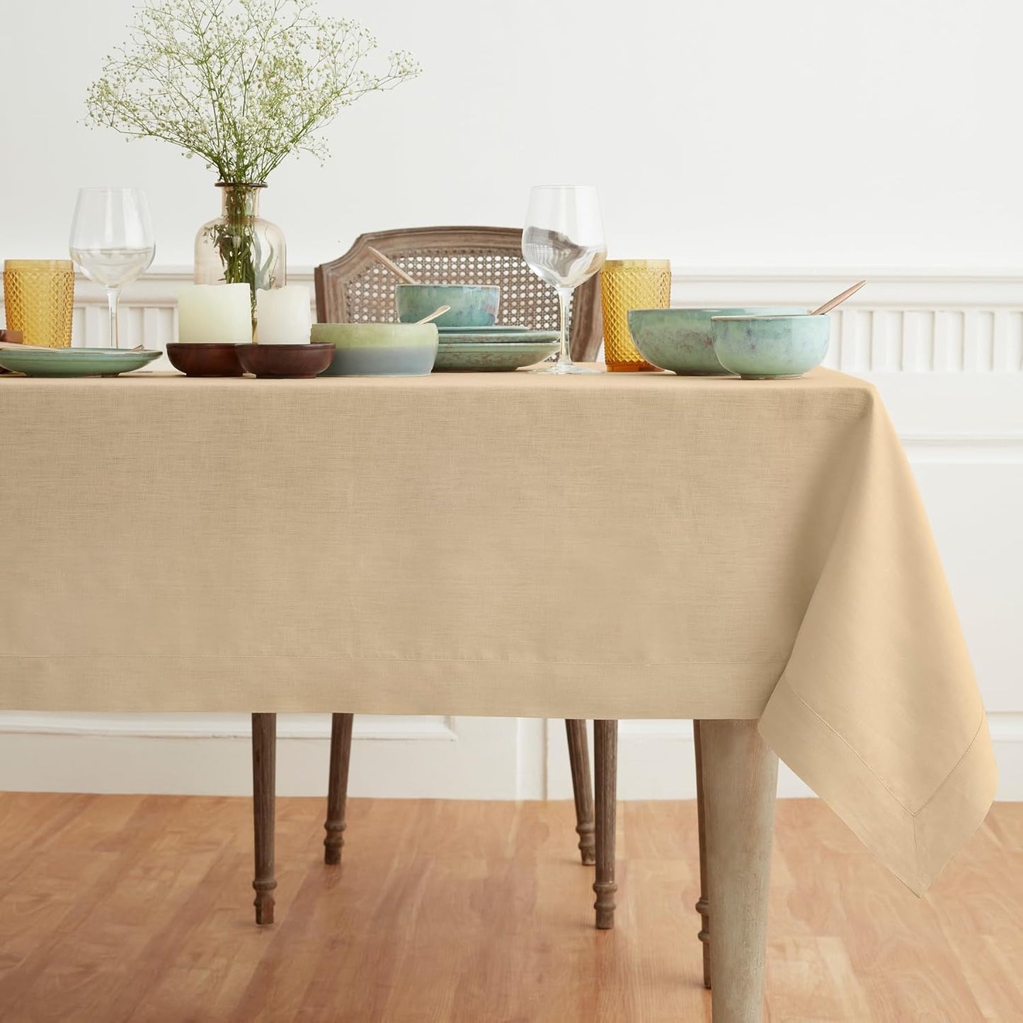 Solino Home Beige Linen Tablecloth 60 x 90 Inch - 100% Pure Linen Table Cloth for Rectangle Tables - Fete, Machine Washable Tablecloth for Fall, Autumn, Thanksgiving, Christmas