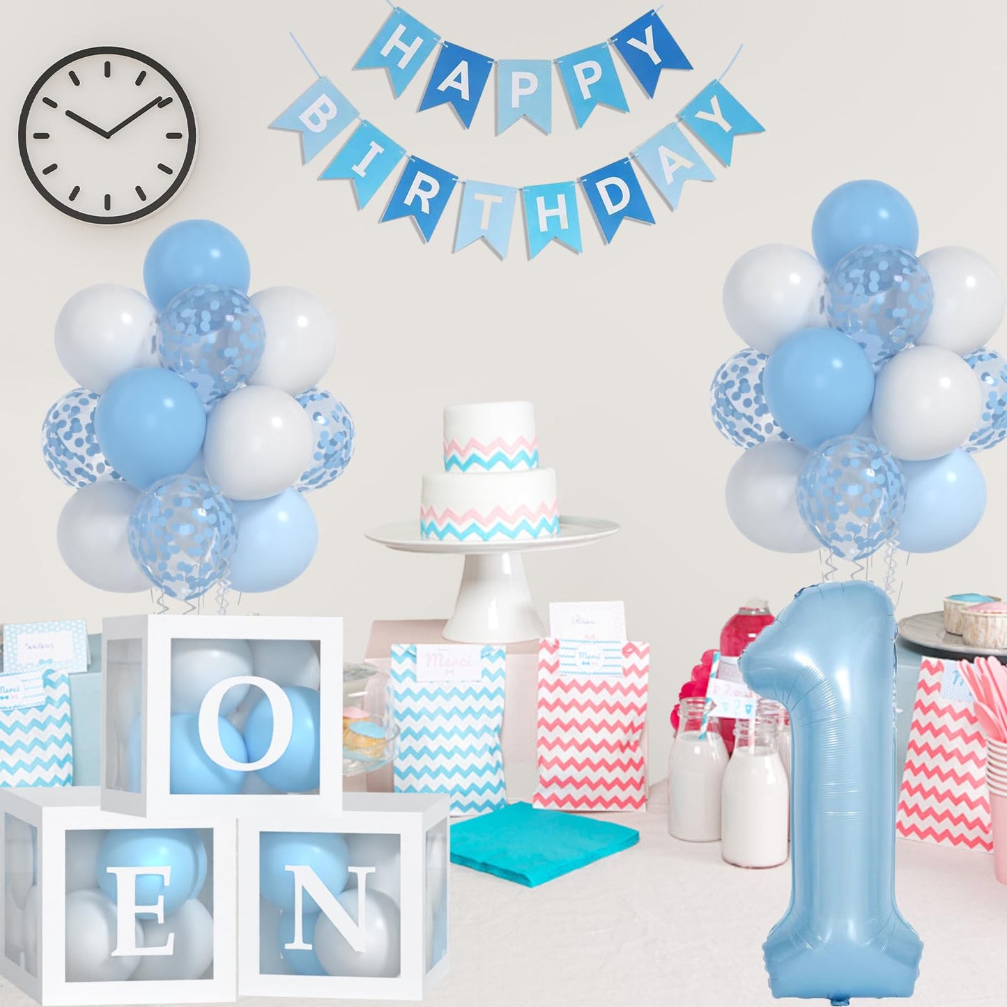 Yumiche First Birthday Decorations For Boy-40 Inch Blue 1 Number, Baby Blue White Balloons, Happy