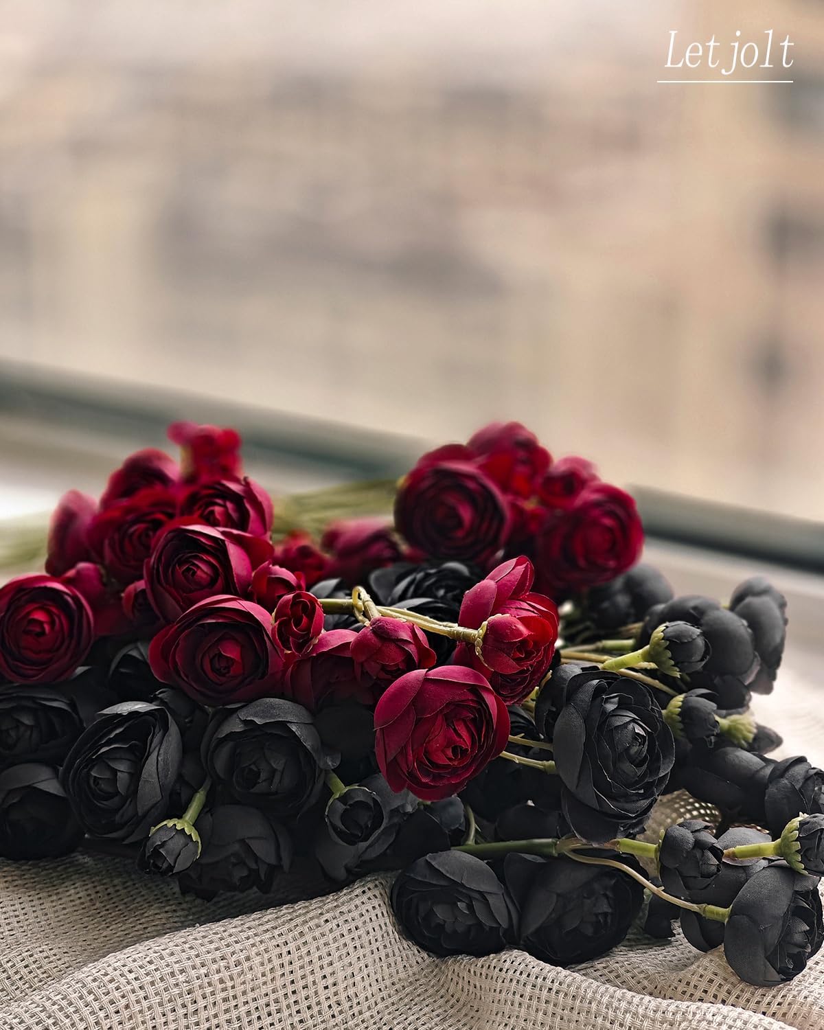 Letjolt Ranunculus Artificial Flower 18 Pcs Black Silk Ranunculus Wedding Bouquet Engagement Centerpieces Arrangements Bridal Shower Decorations Home Decor, Black