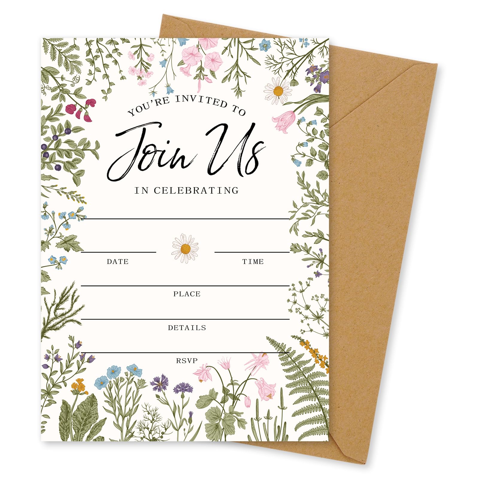 Whaline 25 Packs Vintage Floral Invitations with Envelopes and Stickers Retro Wildflower Invitation