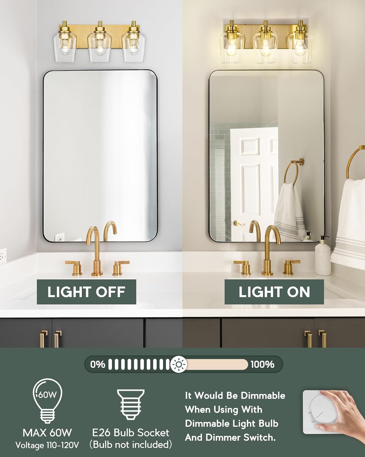 Bathroom Light Fixtures, 3-Light Modern Vanity Light with Clear Glass Wine Glass-Shaped Shade, Vanity Lighting Fixtures Over Mirror, Brushed Gold, VL155-BG-3