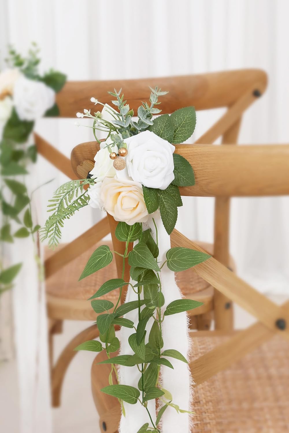 DORIS HOME Wedding Chair Decorations White Pew Flowers Set of 10 for Wedding Ceremony Party Aisle Decor with Artificial Flowers Eucalyptus and Ribbons