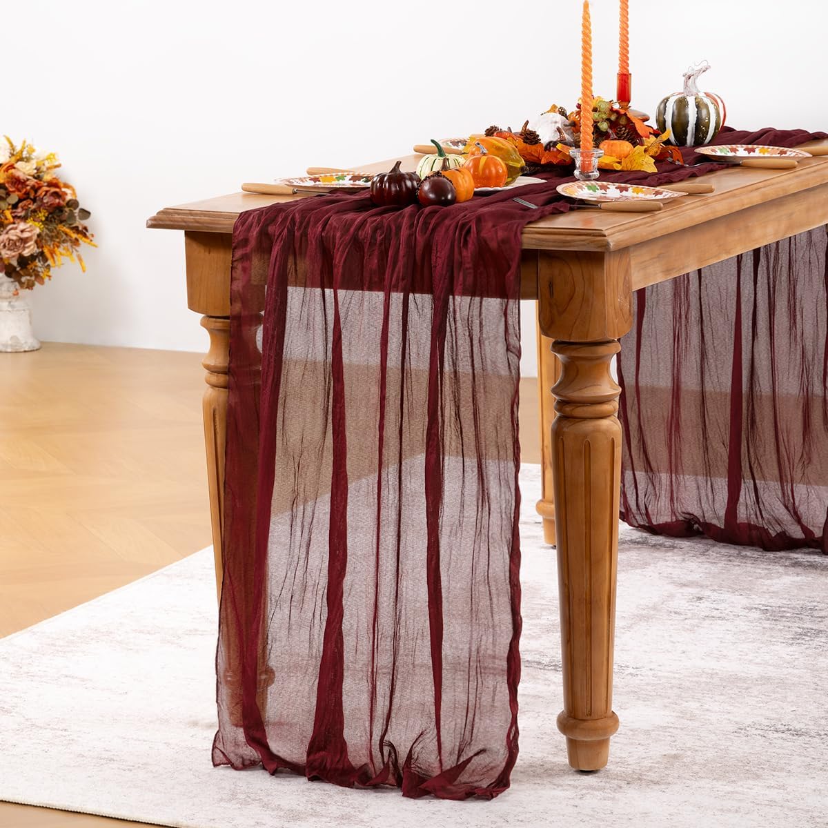 Burgundy Red Cheesecloth Table Runner 4 Pack Fall Table Runners Boho Gauze 120 Inches Red Cheese Cloth Fall Table Decorations for Thanksgiving Christmas Weddings Bridal Shower Candlelight