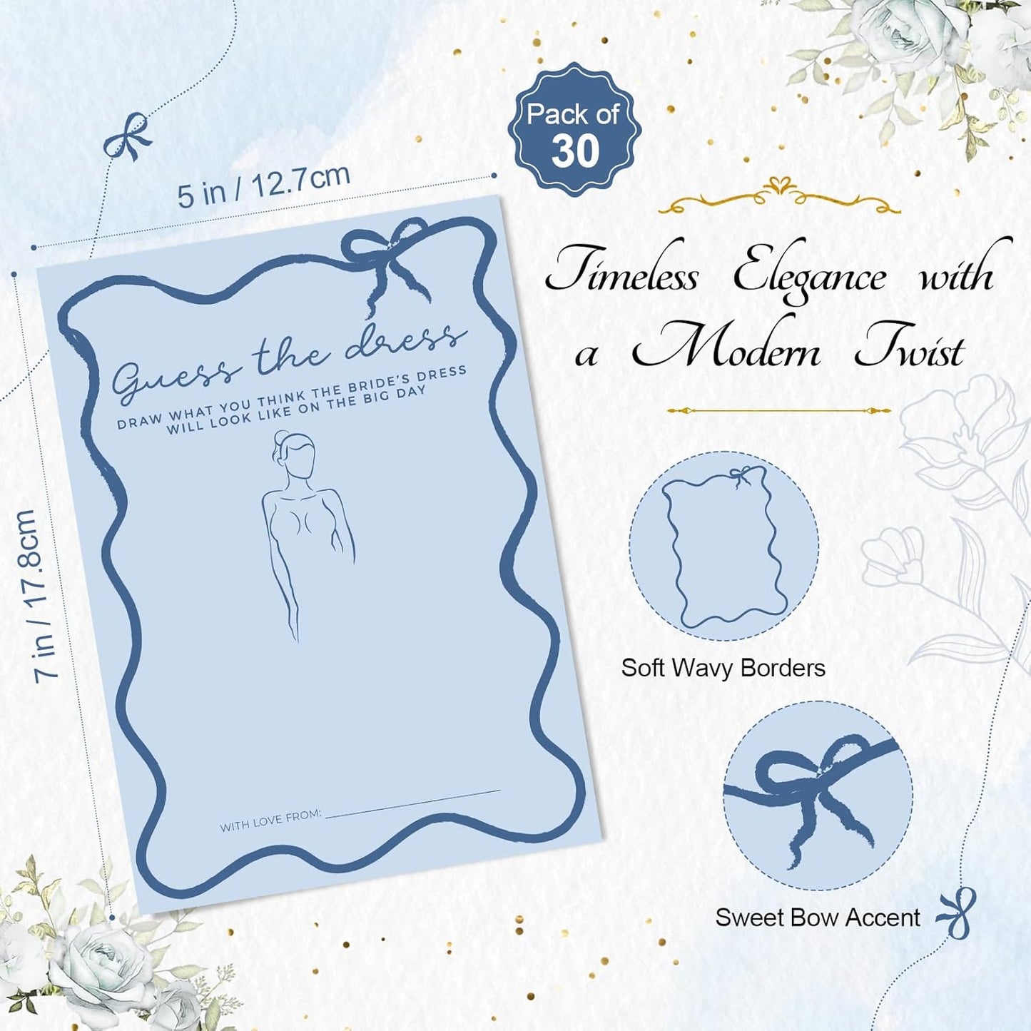 DEEKA 30 PCS Bridal Shower Games Card for 30 Guests Blue Wavy Border Ribbon Bow Funny Wedding Bachelorette Party Games for Reception (Guess The Dress)