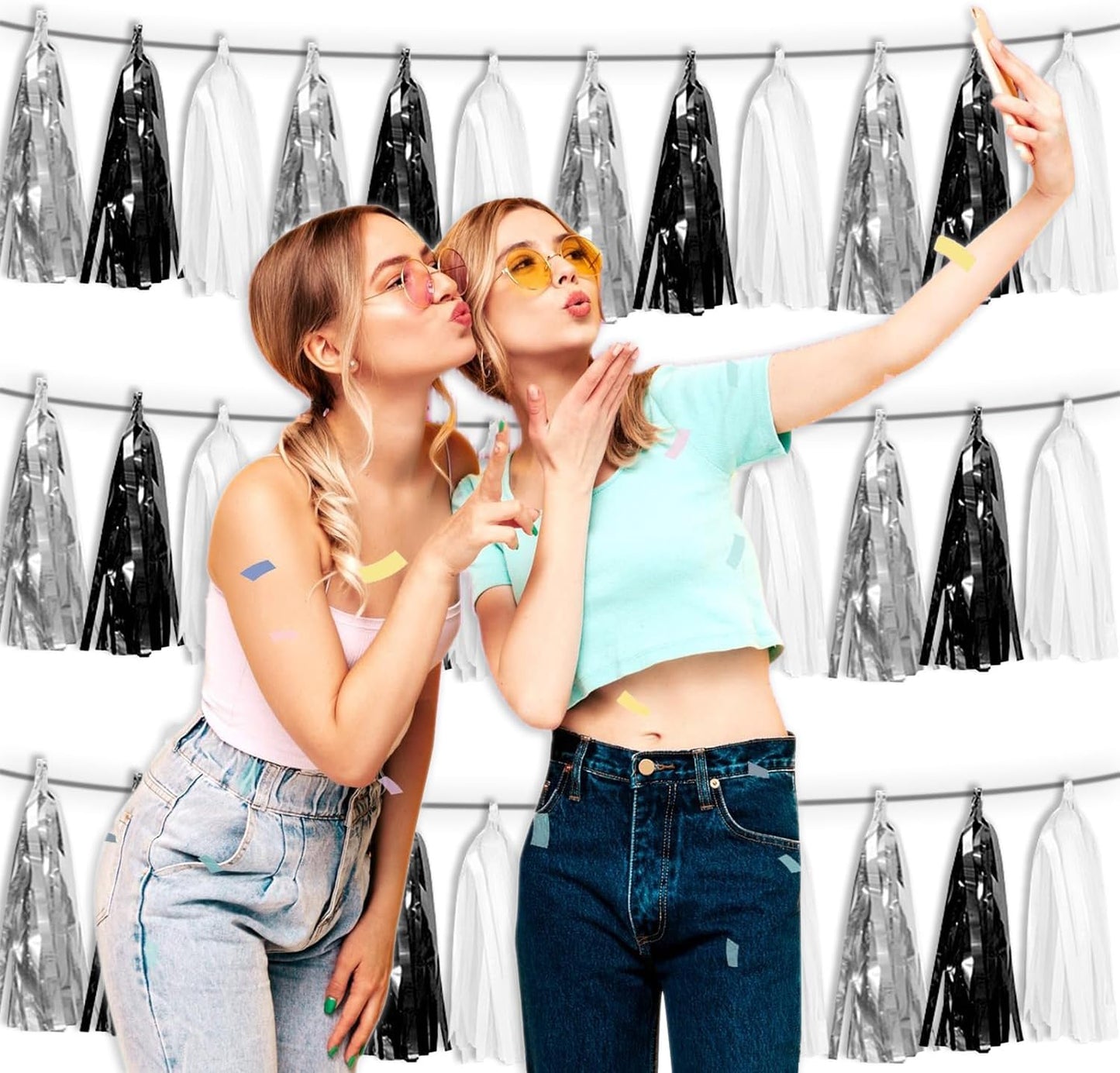 3P Black Silver White Metallic Fringe Tassel Banner Garland Foil Tinsel Streamer Wall Hanging Curtain Backdrop Banner for Parade Floats, Graduation Decorations, Halloween, Christmas Decorations