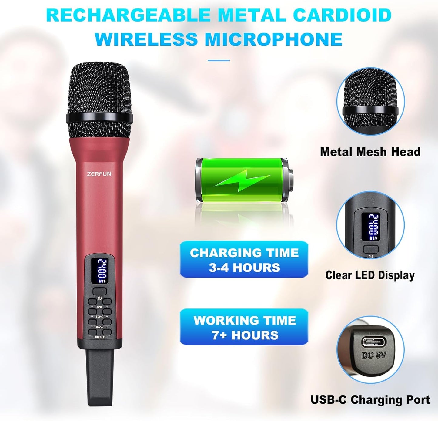 Rechargeable Wireless Microphone, Pro Handheld Cordless Mics System Dynamic with Echo Treble BASS VOL Control for Karaoke Singing Church Party, 1/4'' Output, D240, Red