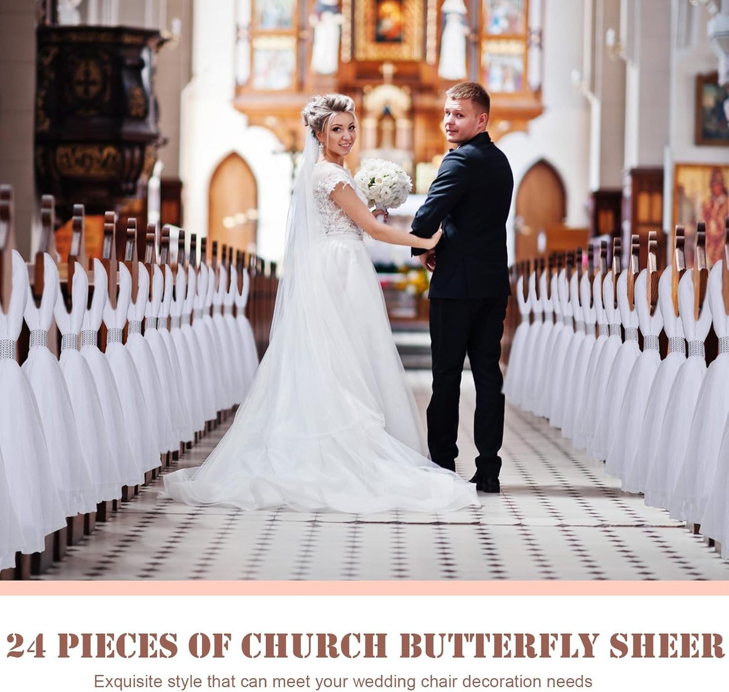 24 Set Wedding Aisle Chair Decorations 31.5 Inch Pew Bows with Long Tulle Tails and Rhinestone wrap for Wedding Ceremony Church Bridal Shower Banquet Decor (Silver)