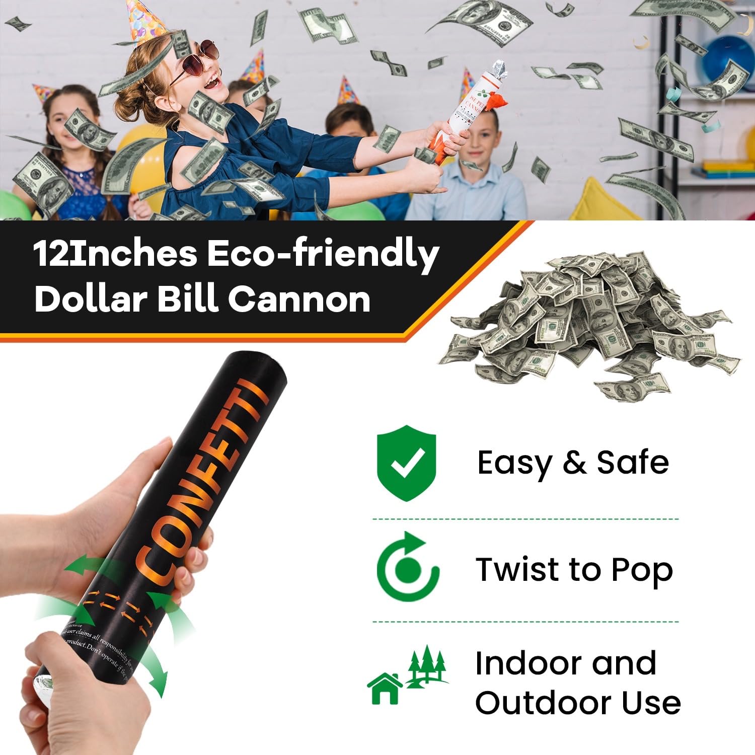 Money Confetti Cannon 12Pack Biodegradable 100 Dollar Bill Money Confetti 12inch Party Poppers for