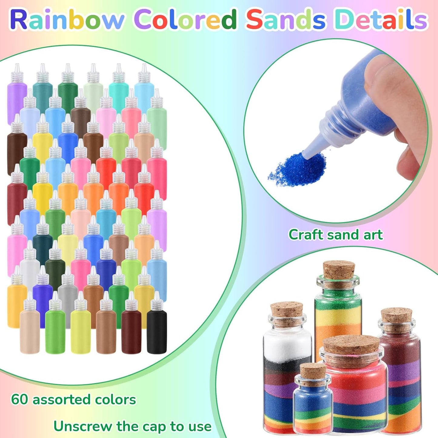 Wettarn 240 Pcs 1.25 oz Sand Art Bottle Kits 60 Colors of Sand and Bottle for Rangoli Art Painting DIY Drawing Favor Diwali Wedding Decoration Vase Glass Crafty Collection (Multicolor)