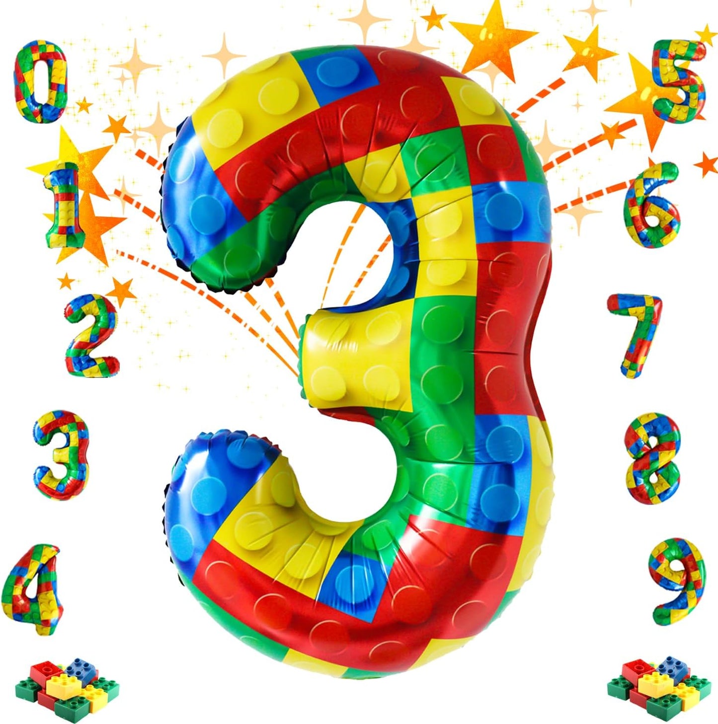 32 Inch Stackable Block Number 3 Balloon – Colorful Brick Building Themed Big Helium Digits for Kids Birthday Party Decorations (Building Block, Number 3)