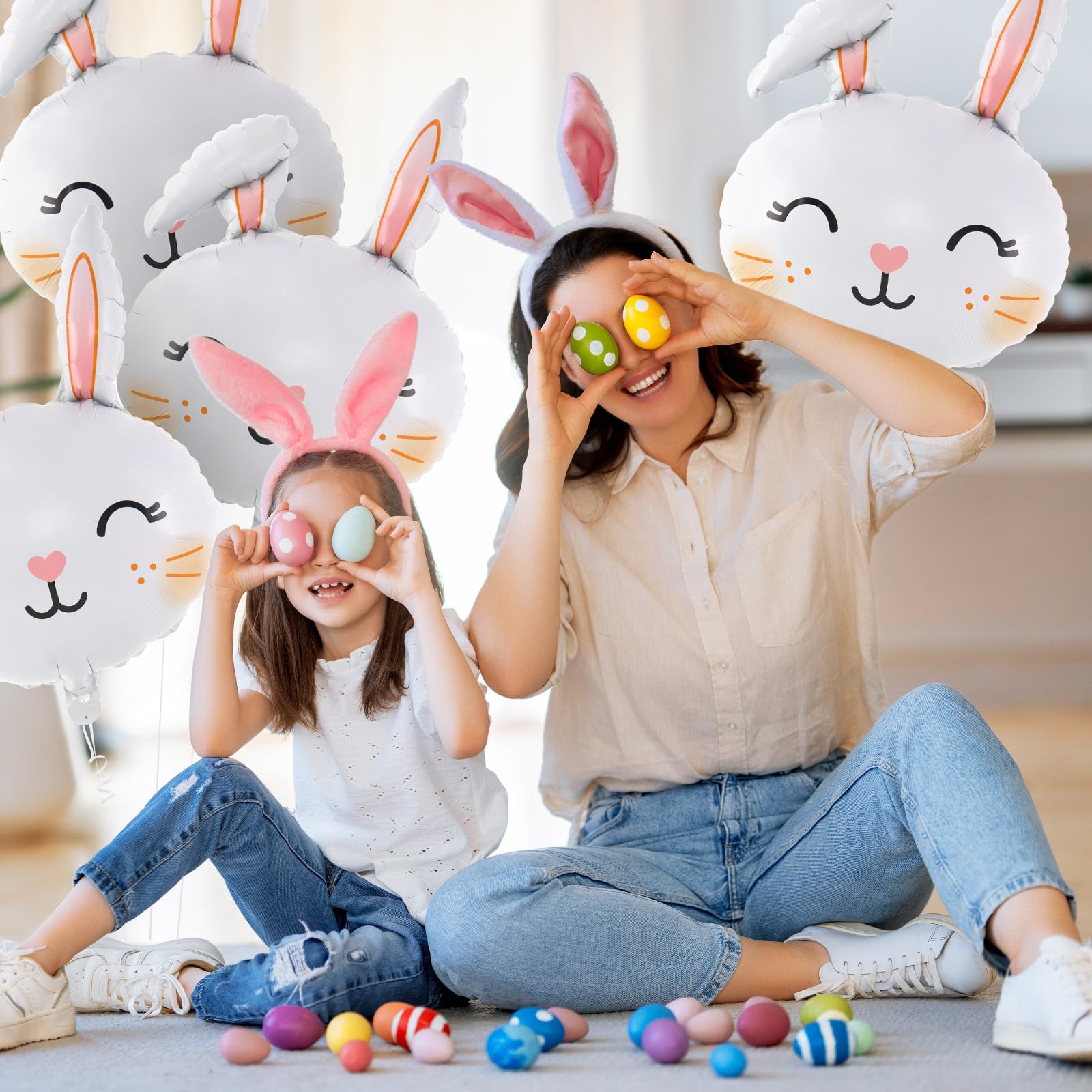 6 Pcs Easter Rabbit Balloons, Giant Bunny Balloon Foil Balloons, White Rabbit Head Balloon for