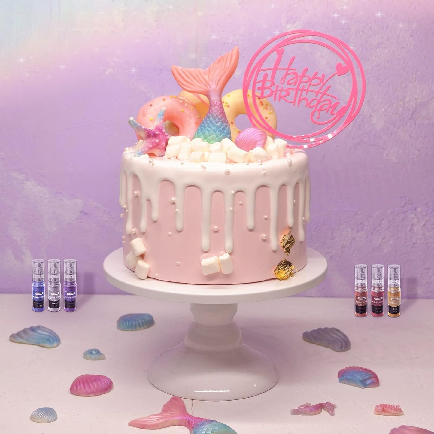 Edible Glitter Spray, Edible Luster Dust, 6 Colors, Edible Glitter for Cocktails, Powder for Cake Decorating, Baking, Drinks, Fondant, Candy, Cookie, Strawberry, 5g/bottle