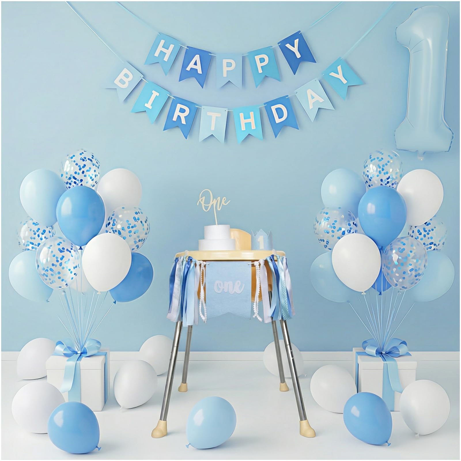Bapukzy First Birthday Decorations for Boy - Complete Party Set with High Chair Banner, Number 1