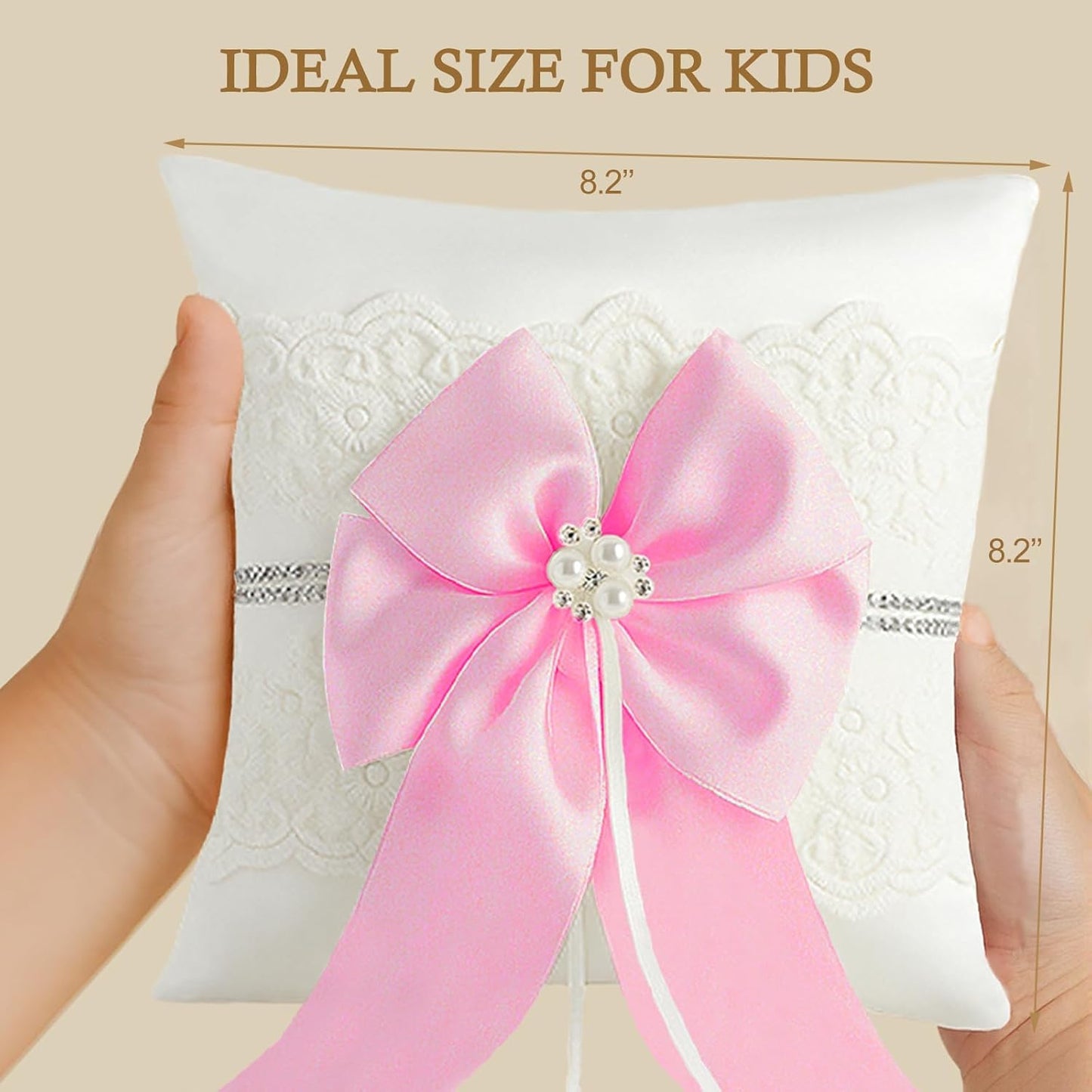 Wedding Ring Bearer Pillow: 8.2 x 8.2 Inch Satin Lace Cushion with Pink Pearl Bow for Ceremony Vows - Secure Ring Holder for Flower Boy or Girl