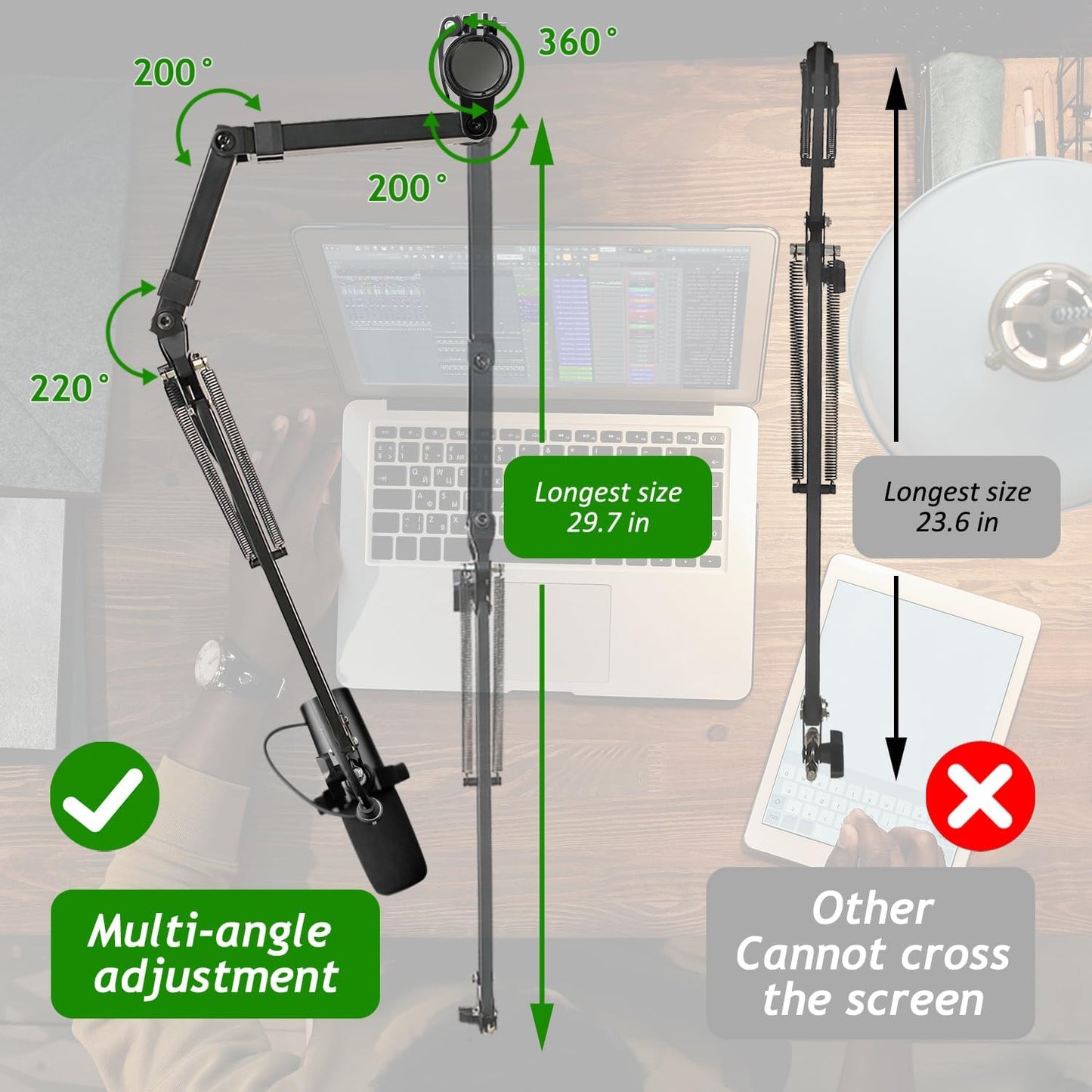 Mic Boom Arm, Adjustable Height Overhead Microphone Stand with Heightened Extension Riser for Shure SM7B Blue Yeti HyperX QuadCast S and other Mic