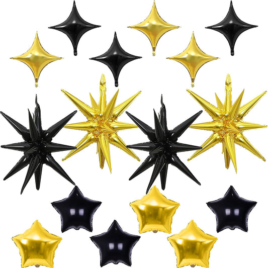 Black and Gold Star Balloons, 22in Large Star Balloons Foil 10in 4-Pointed & Pentagram Balloon for Graduation Retirement New Year Birthday Party Decorations