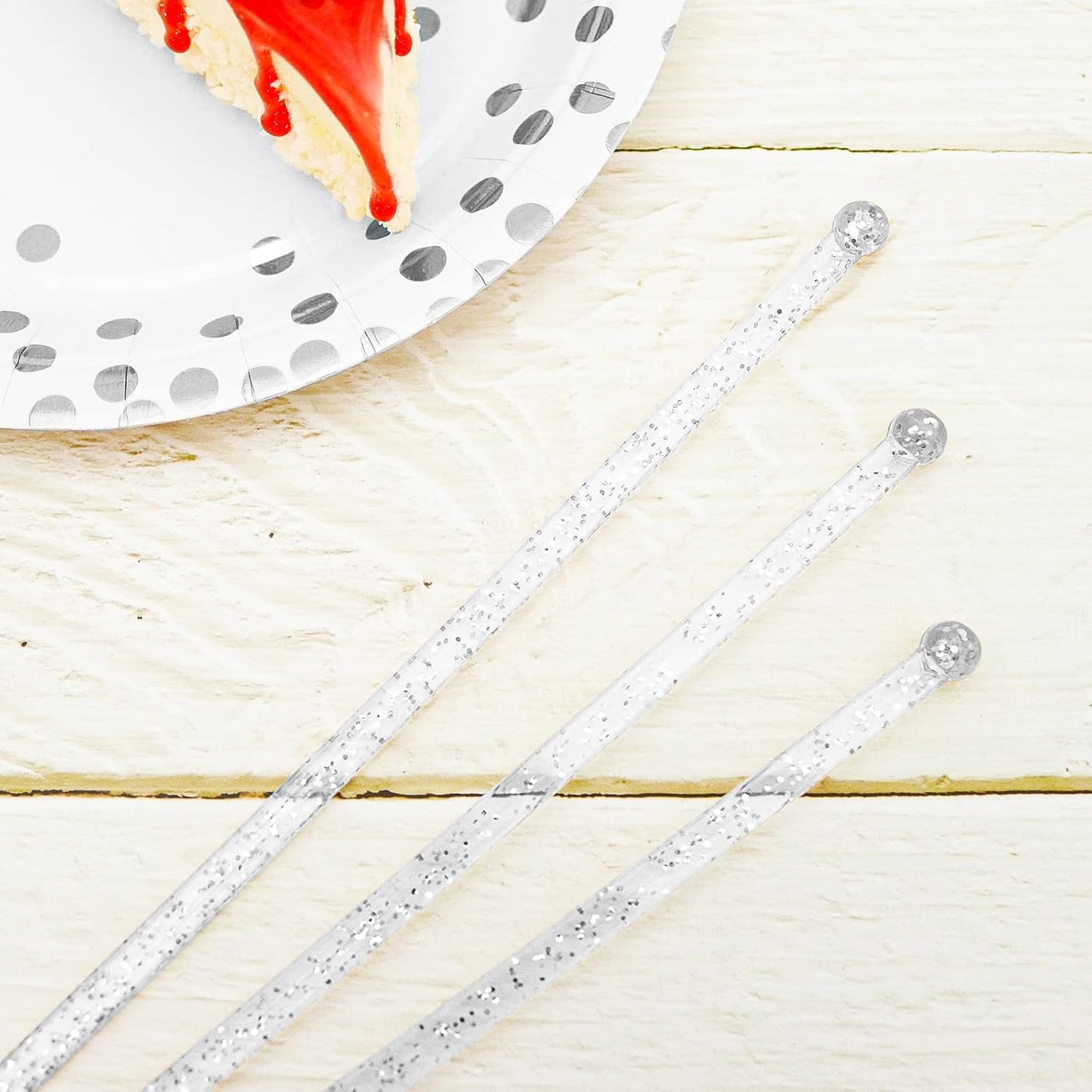 100-PCS Silver Glitter Plastic Swizzle Sticks, Crystal Cake Pops, Cocktail Coffee Drink Stirrers, Stir Sticks, 7.24 Inch