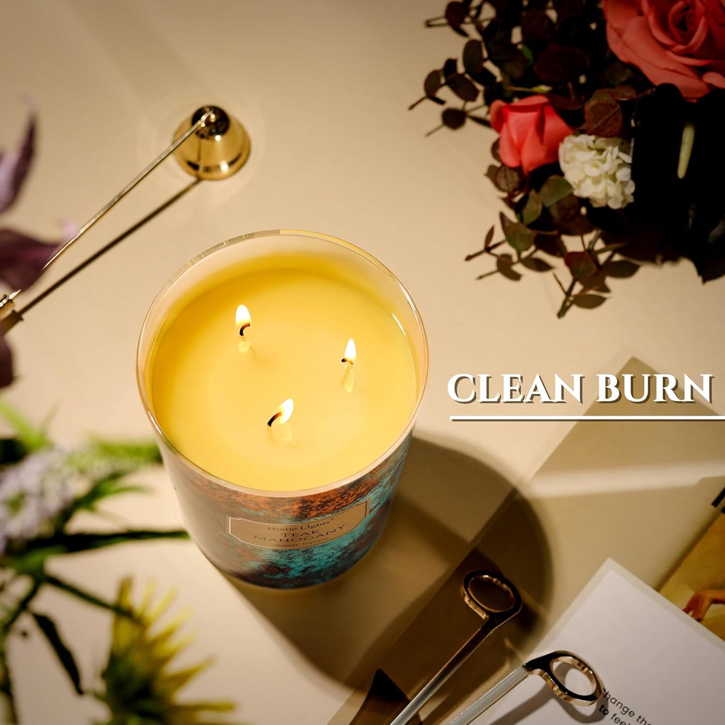 HomeLights Large jar Candle | 3-Wick Long-Lasting Scented Candles, 34oz Natural Soy Wax Candle for Home Scented, Industrial Chic Gifts for Women & Men, Teak Mahogany