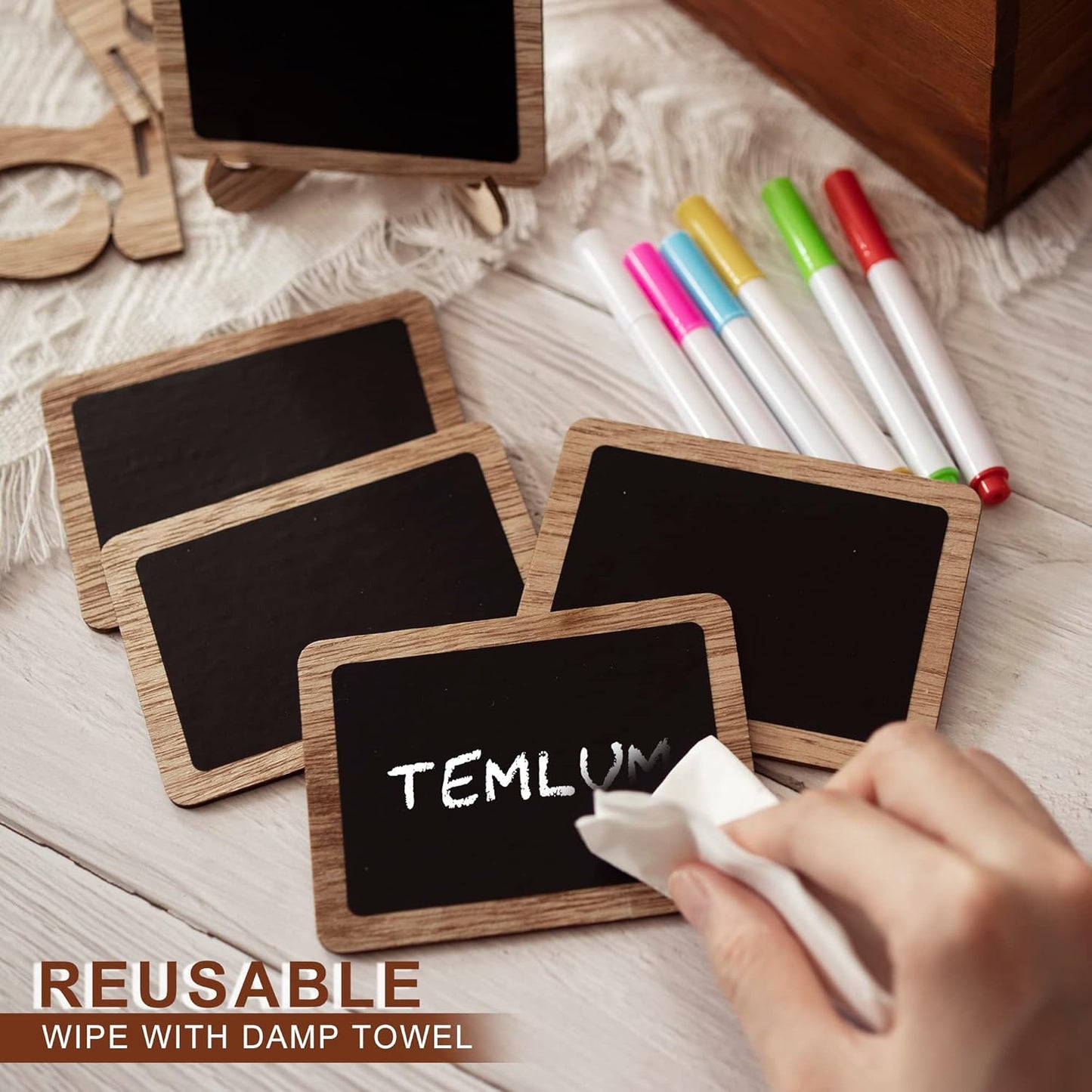 Temlum 15 Pcs Mini Chalkboard Sign with 6 Color Chalk Markers, 2.9″ x 3.9″ Wooden Blackboard Reusable Small Chalkboards for Food, Buffet, Message Board, Table Number (Rustic Brown)
