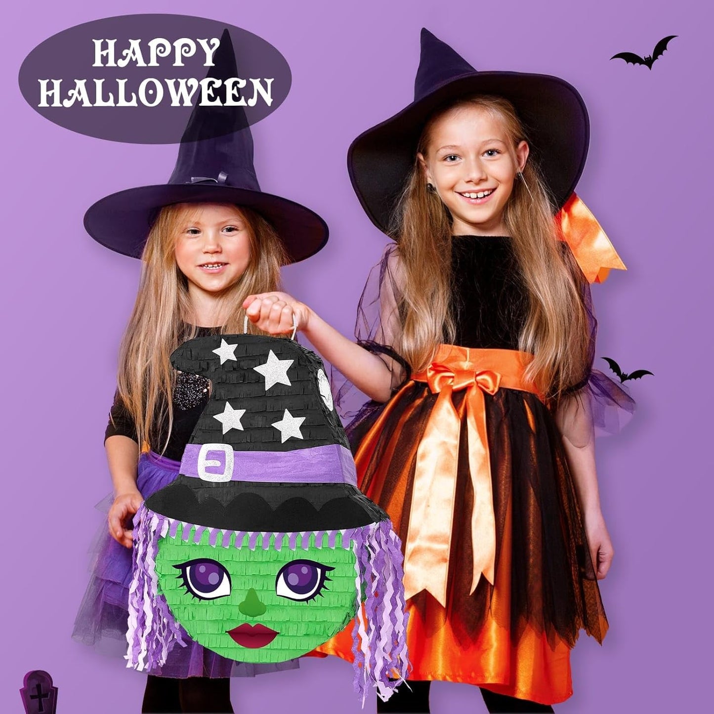 WERNNSAI Halloween Witch Pinata - Green Witch Pinata Halloween Party Games for Kids Costume Party Decor Favor School Scary Game Wizarding World Party Supply with Bat & Blindfold